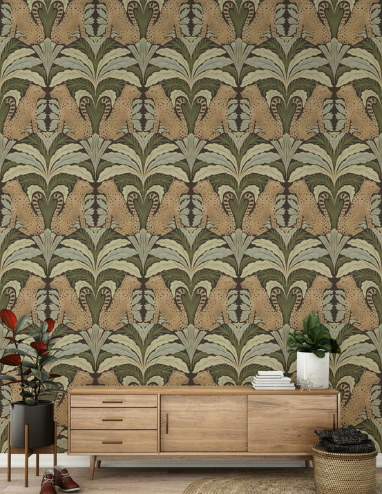 Detailed Leopard's Lair: Botanical Symmetry Wallpaper in dark forest tones., GD2194