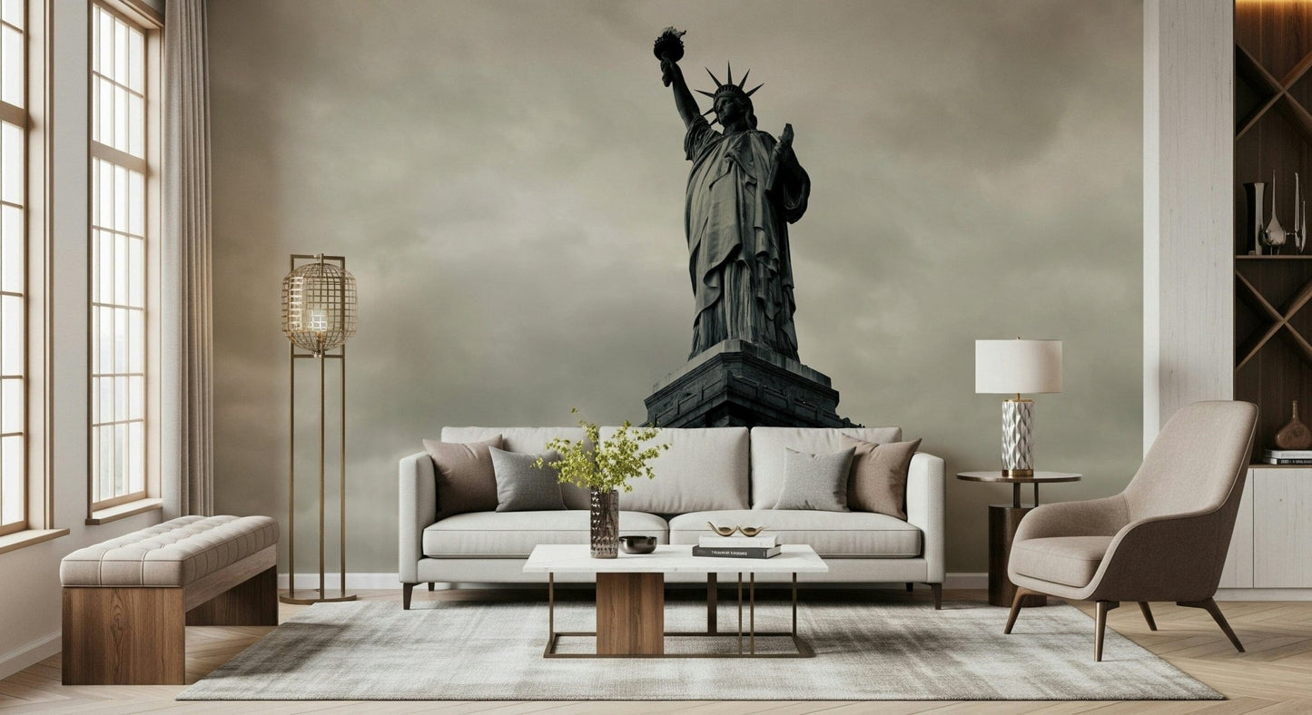 Statue of Liberty wallpaper in black and white for a study wall.