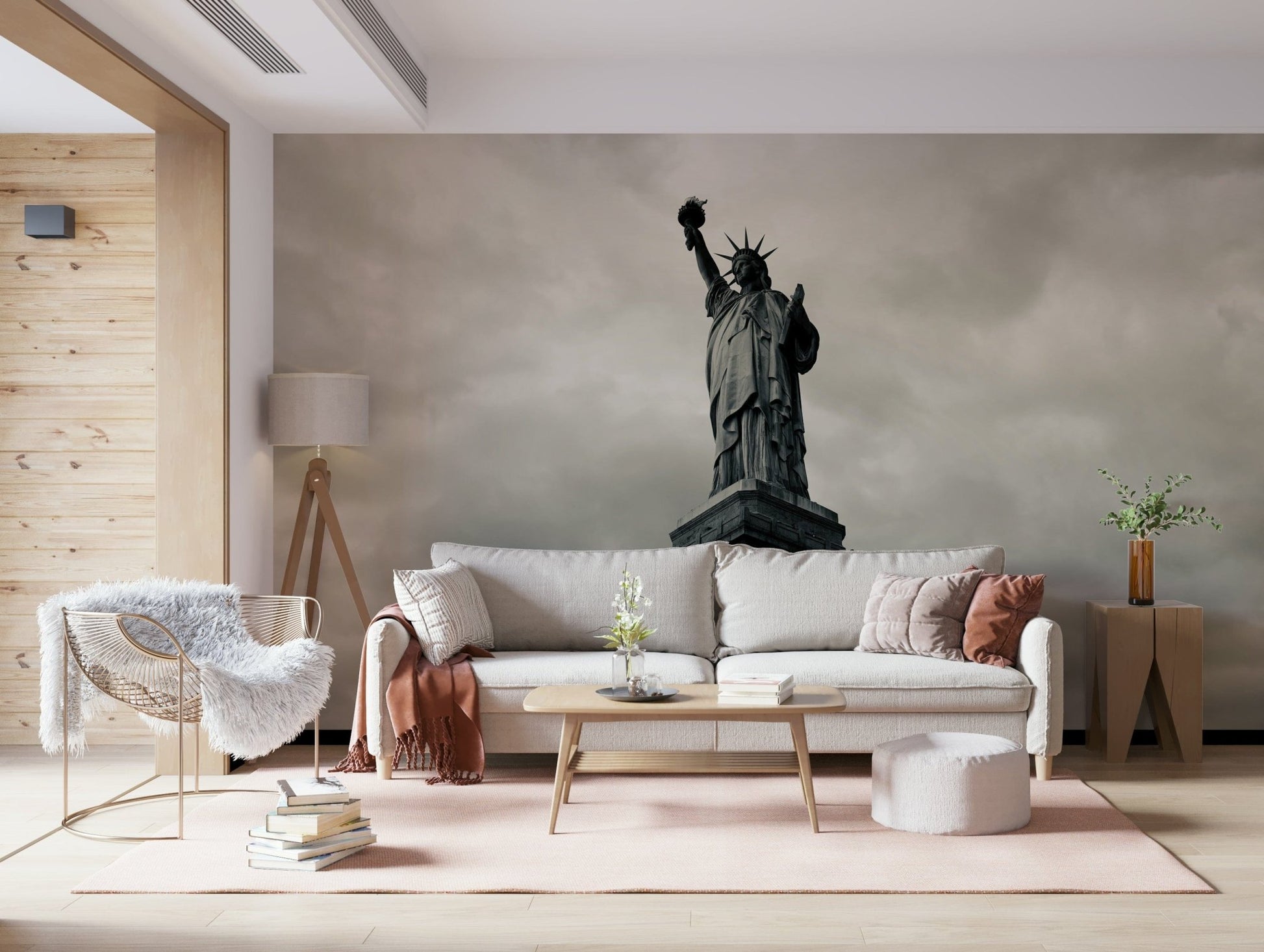 Detailed architectural wall mural in a professional study or library.