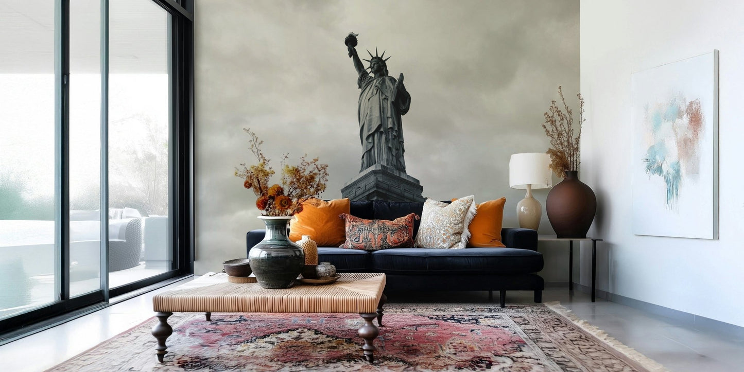 Liberty's Monochrome Gaze Wall Mural in a modern urban living room.