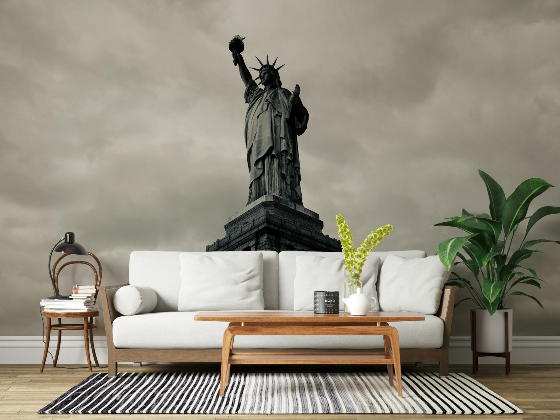 Bold black and white wallpaper for a modern reception area accent wall.