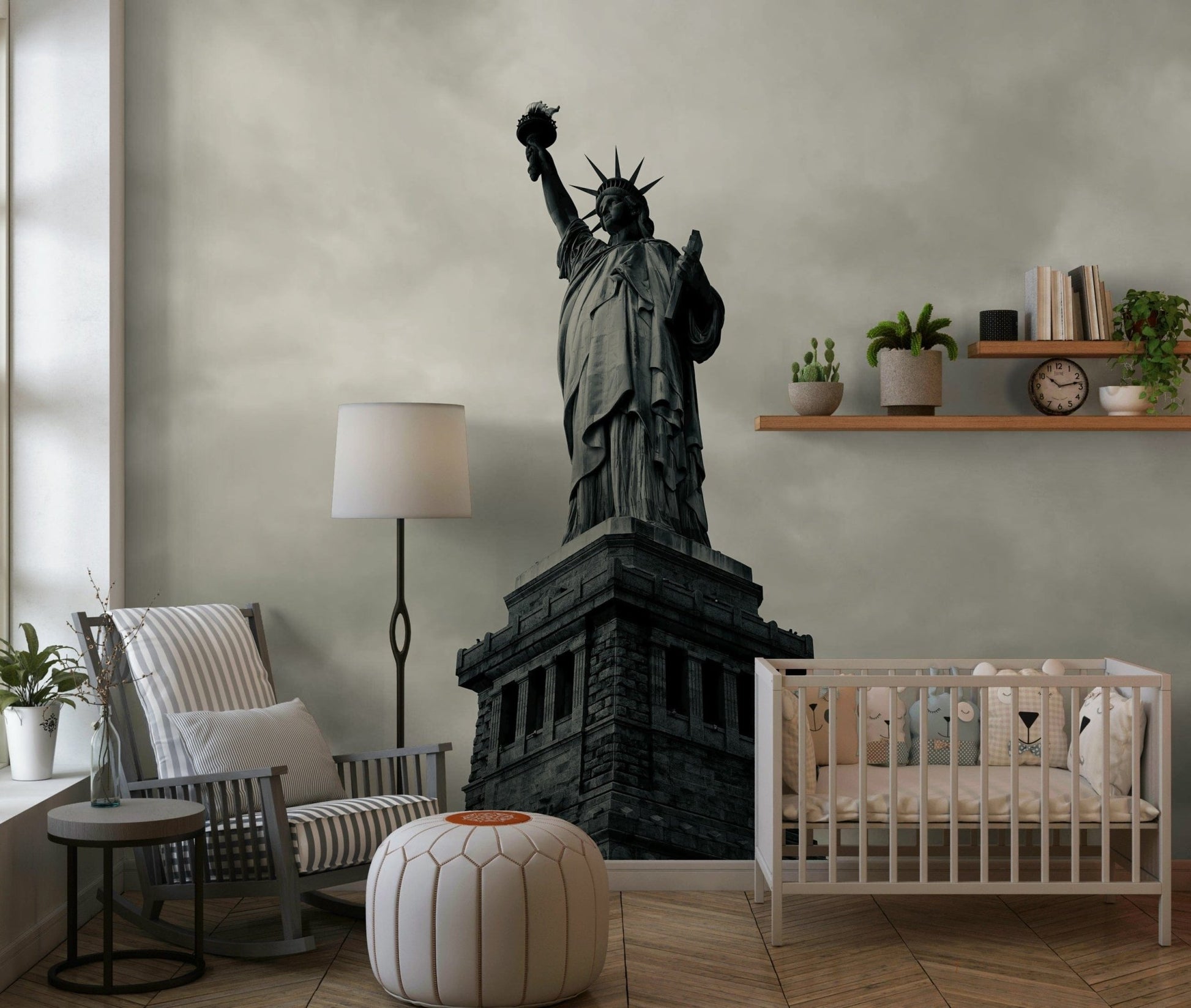 Monochrome Statue of Liberty wall mural in a minimalist dining area.