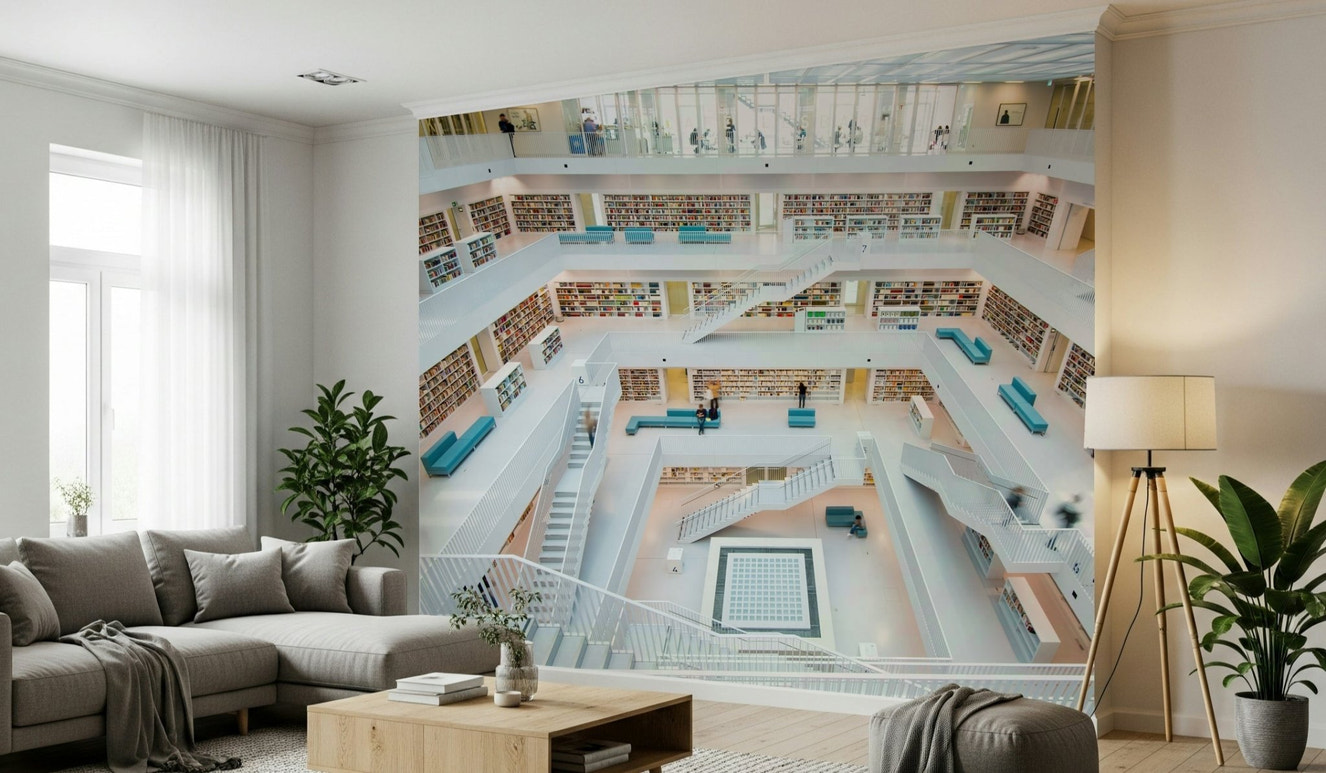 A beautiful vintage library bookshelf wallpaper mural with stacked books.