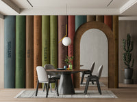 Library treasures wall mural with rich wood tones

