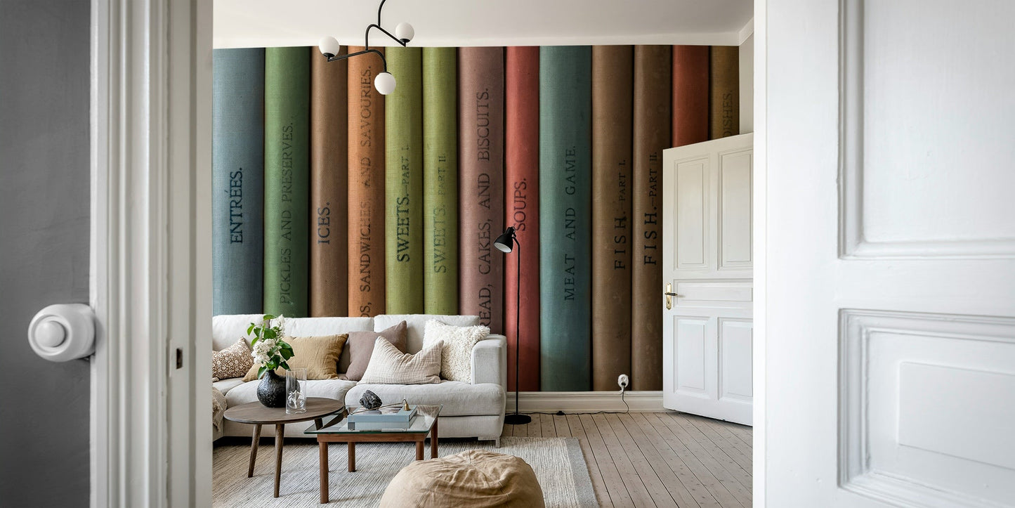 Aesthetic library mural with dark wood and books

