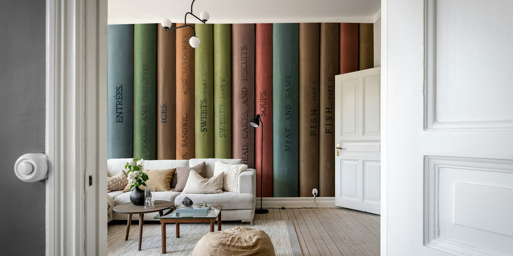 Aesthetic library mural with dark wood and books

