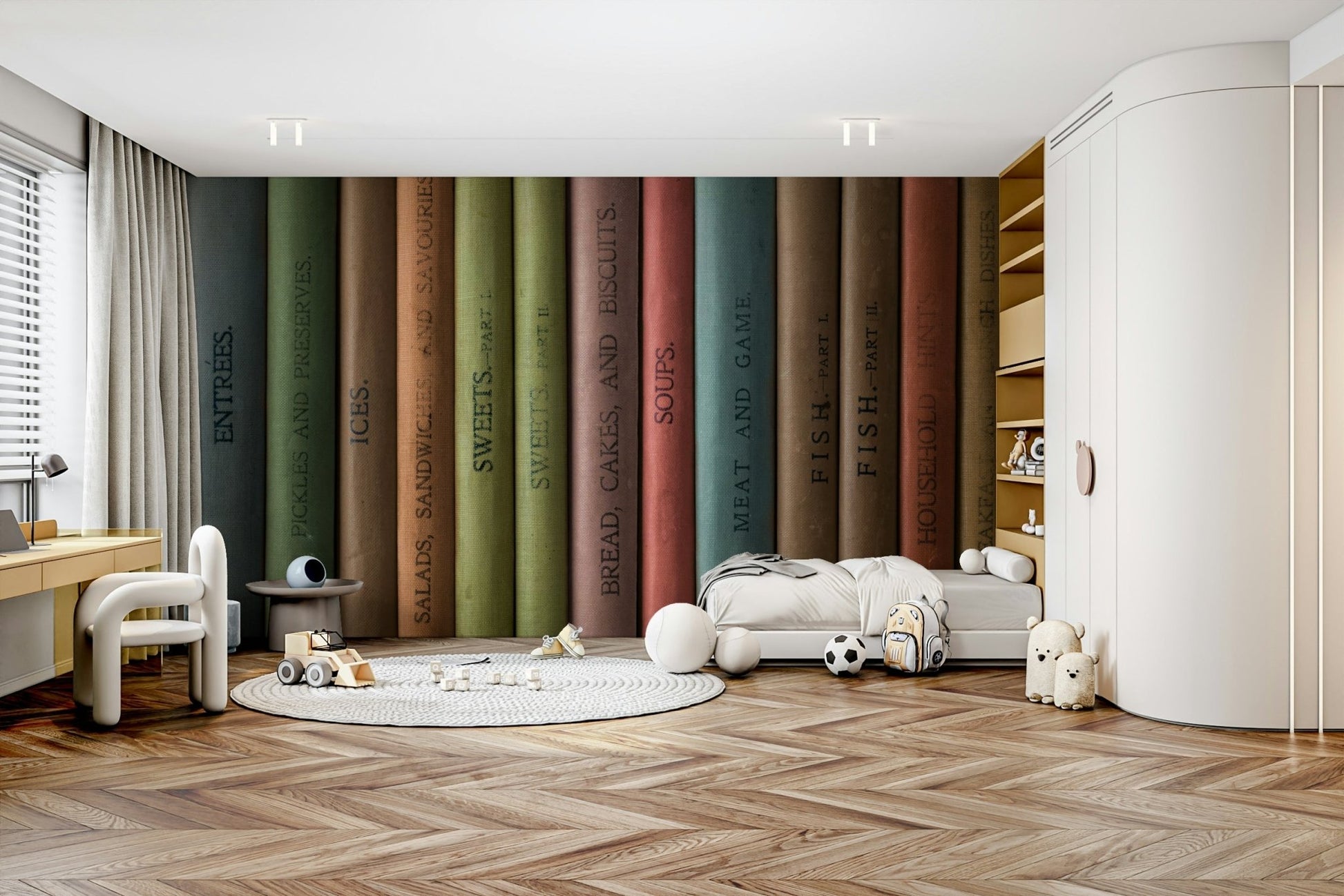 Cozy library wall mural with vintage bookshelves

