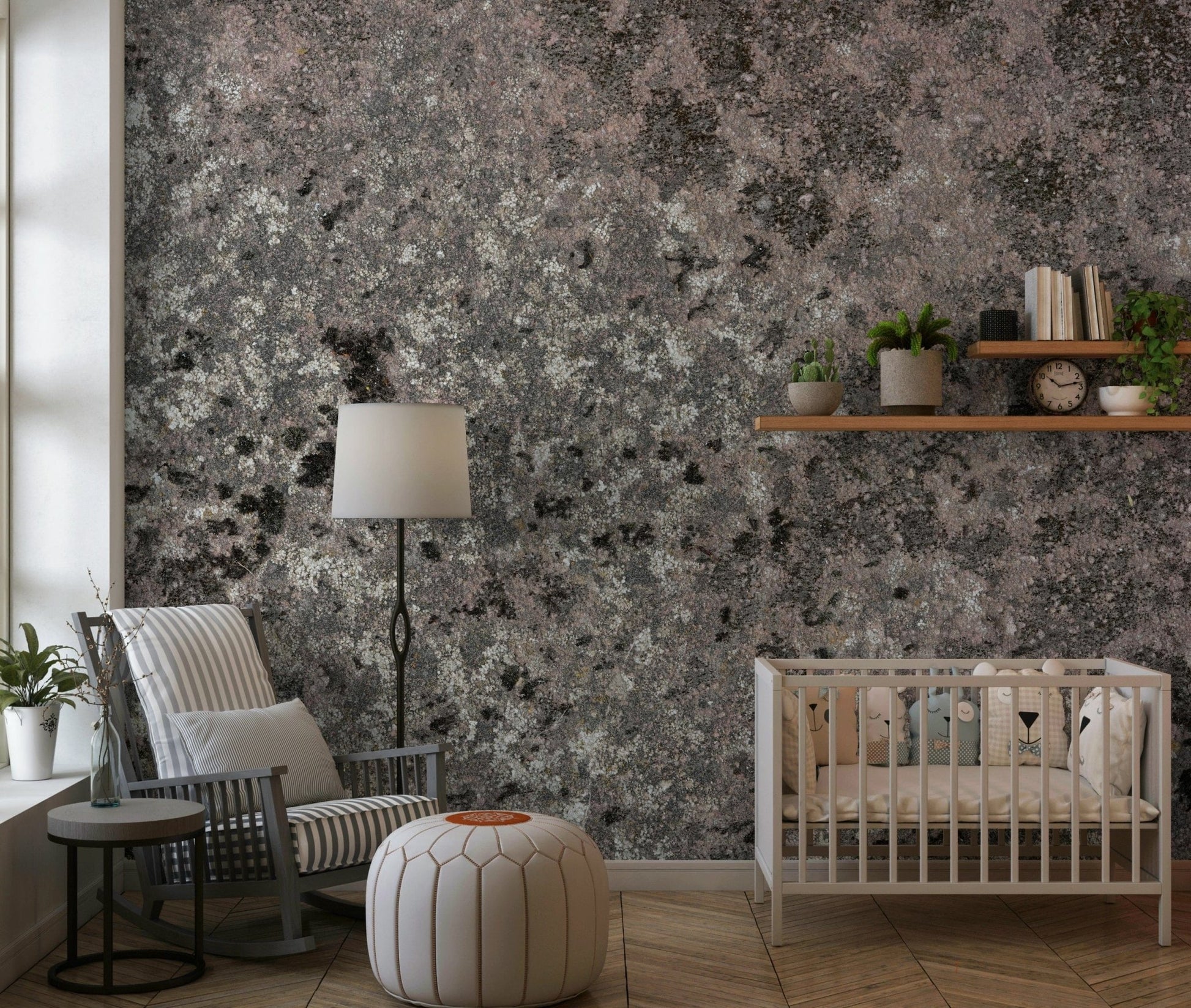 Lichen Bloom Wall Mural creating a calming, atmospheric backdrop in a sunroom.