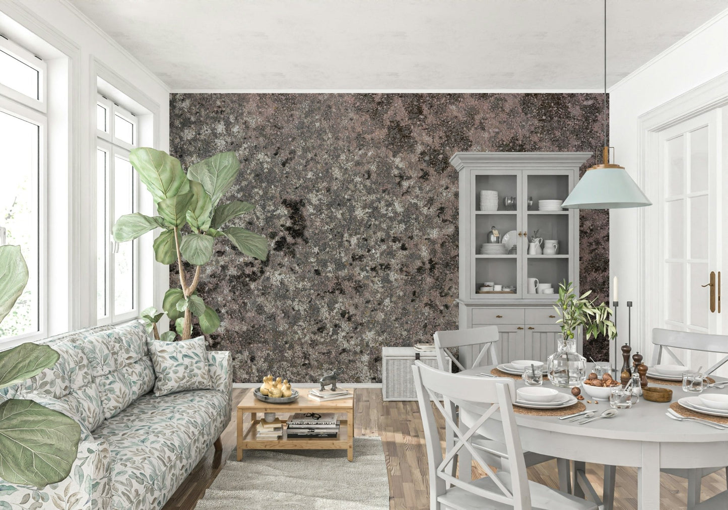 Full bohemian living room featuring the earthy Lichen Bloom wallpaper for walls.