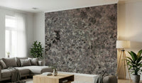 Deep, natural texture of the Lichen Bloom peel and stick mural behind shelving.