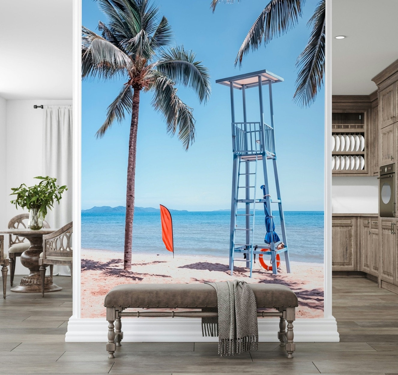 Blue ocean horizon in a Lifeguard's View wall mural for bedroom walls.