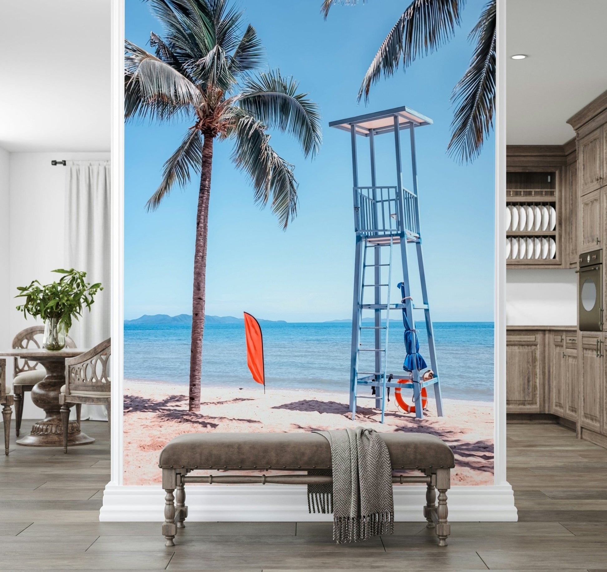 Blue ocean horizon in a Lifeguard's View wall mural for bedroom walls.