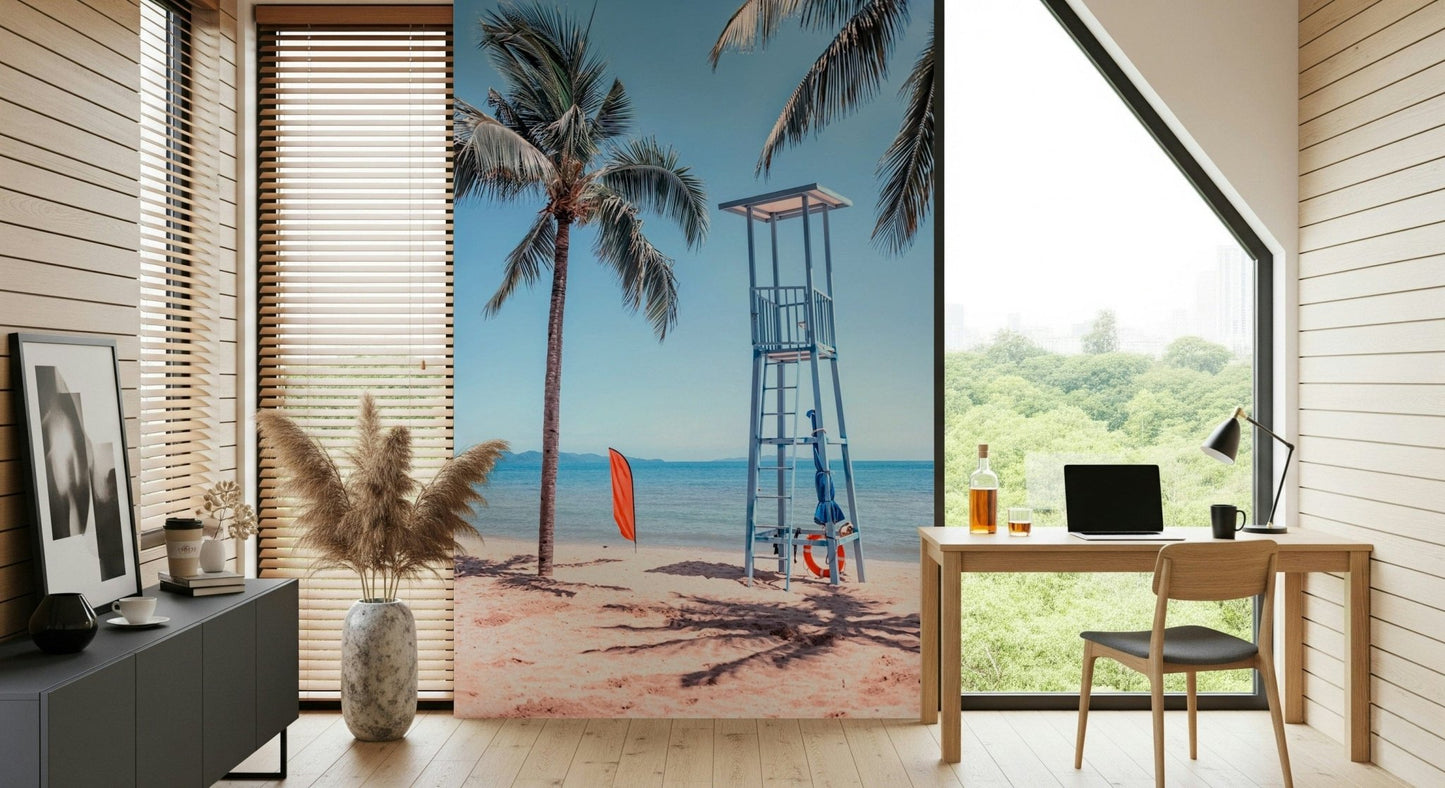 Lifeguard's View Wall Mural styled in a modern home with seaside themes.