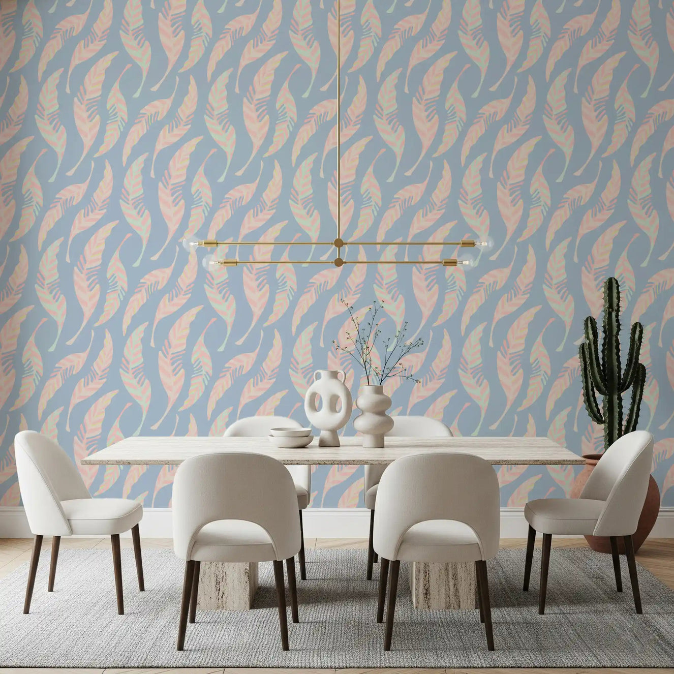 Dining room Light As A Feather wallpaper pink blue feather look