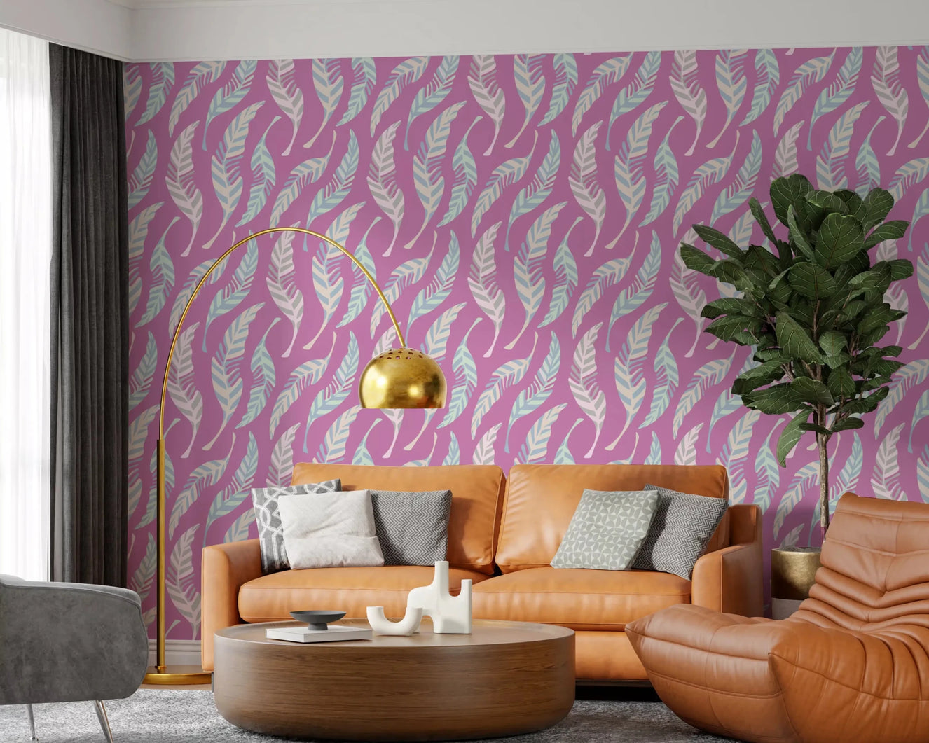 Living room pastel feather wallpaper purple pink soft pattern