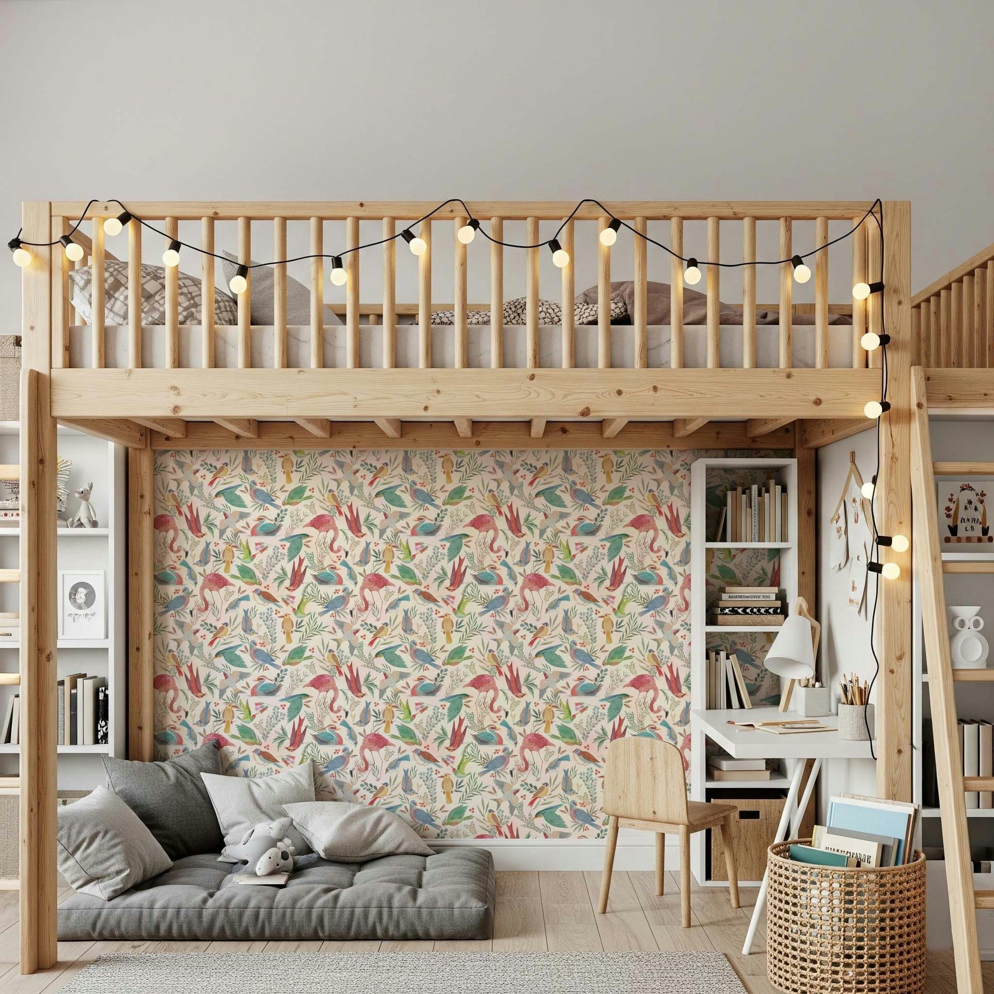 Study area feels lively with Light Birdwatcher's wallpaper and pastel birds