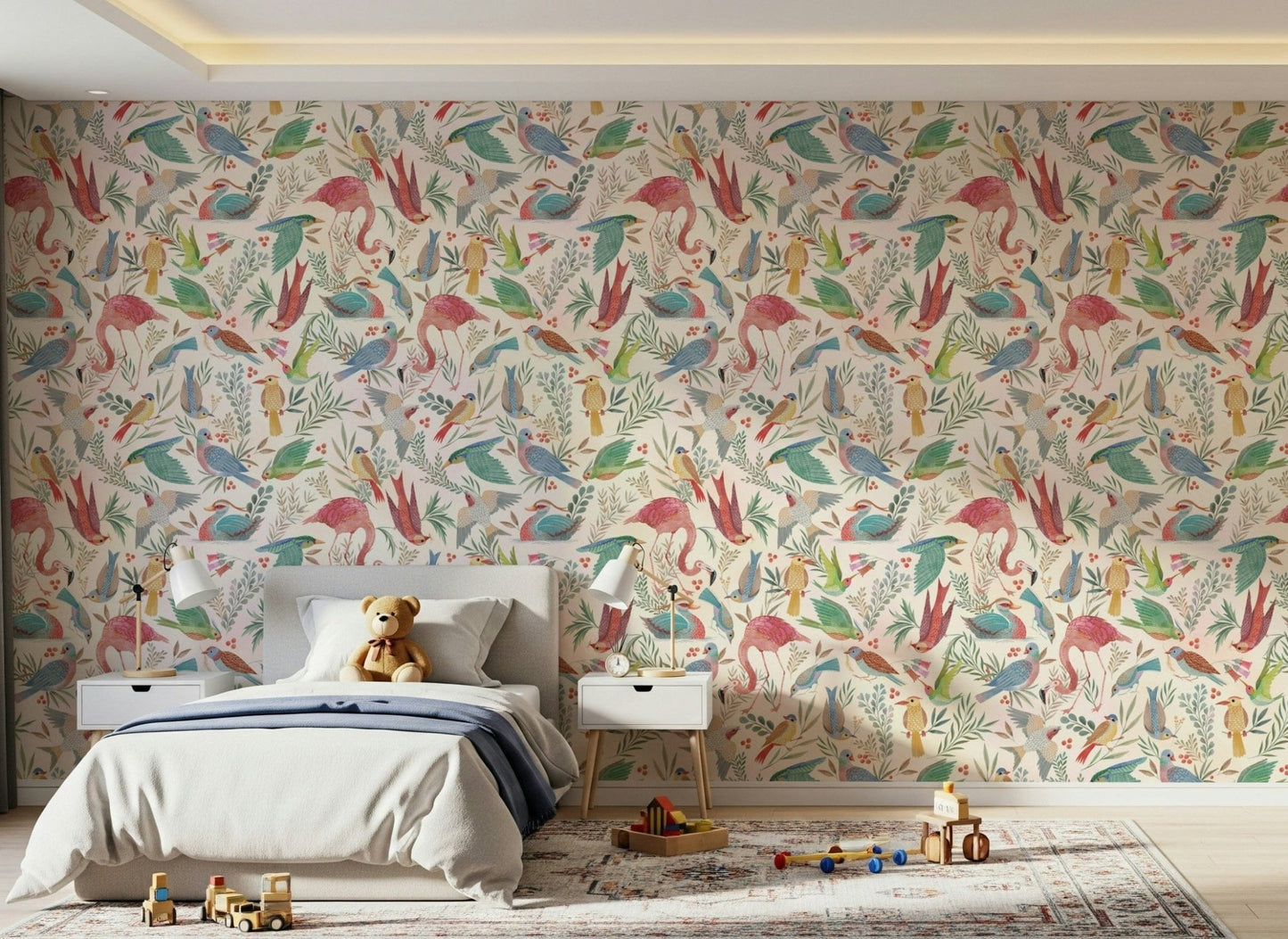 Kids room space enhanced through Light Birdwatcher's wallpaper bird pattern