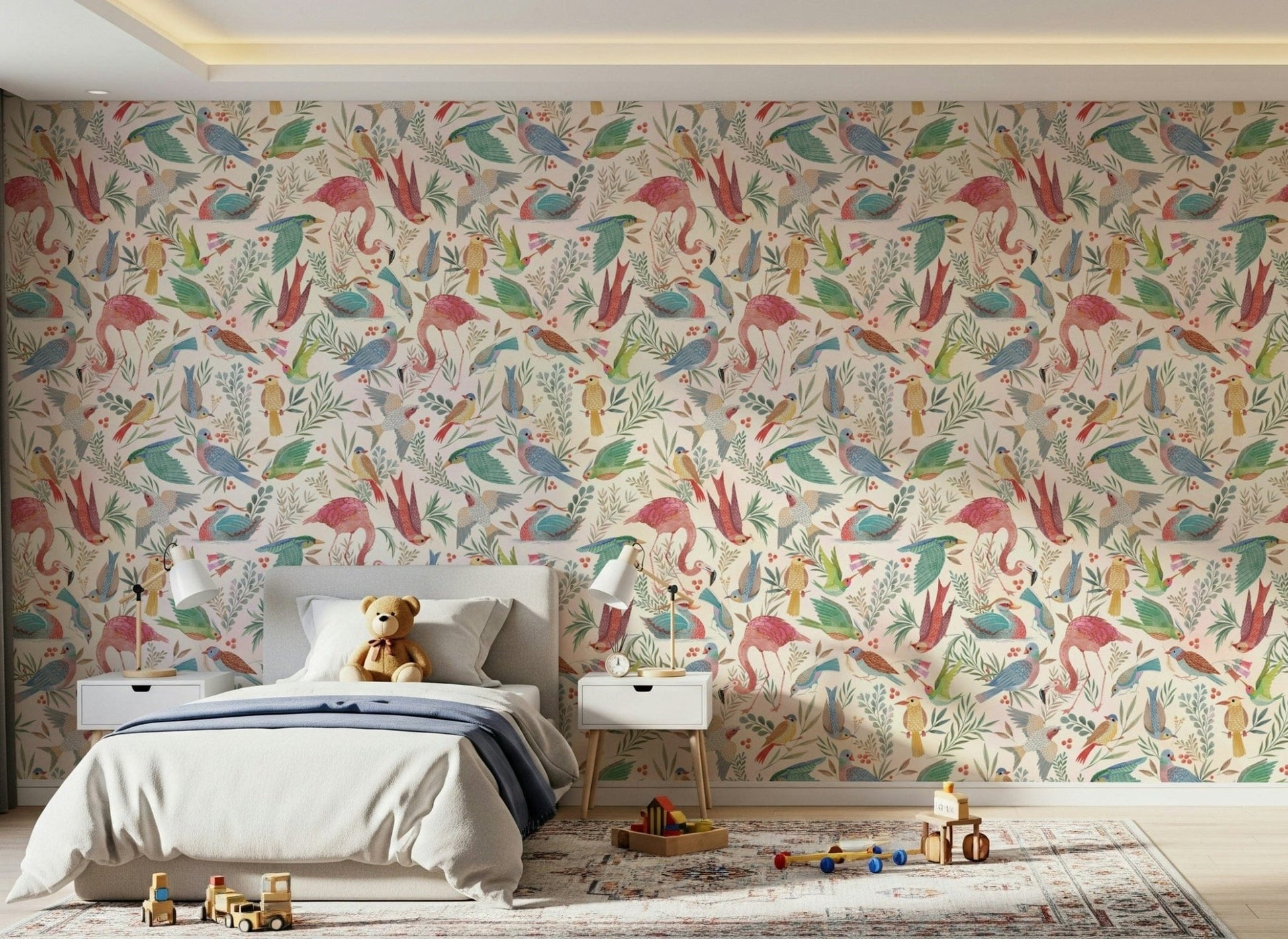 Kids room space enhanced through Light Birdwatcher's wallpaper bird pattern