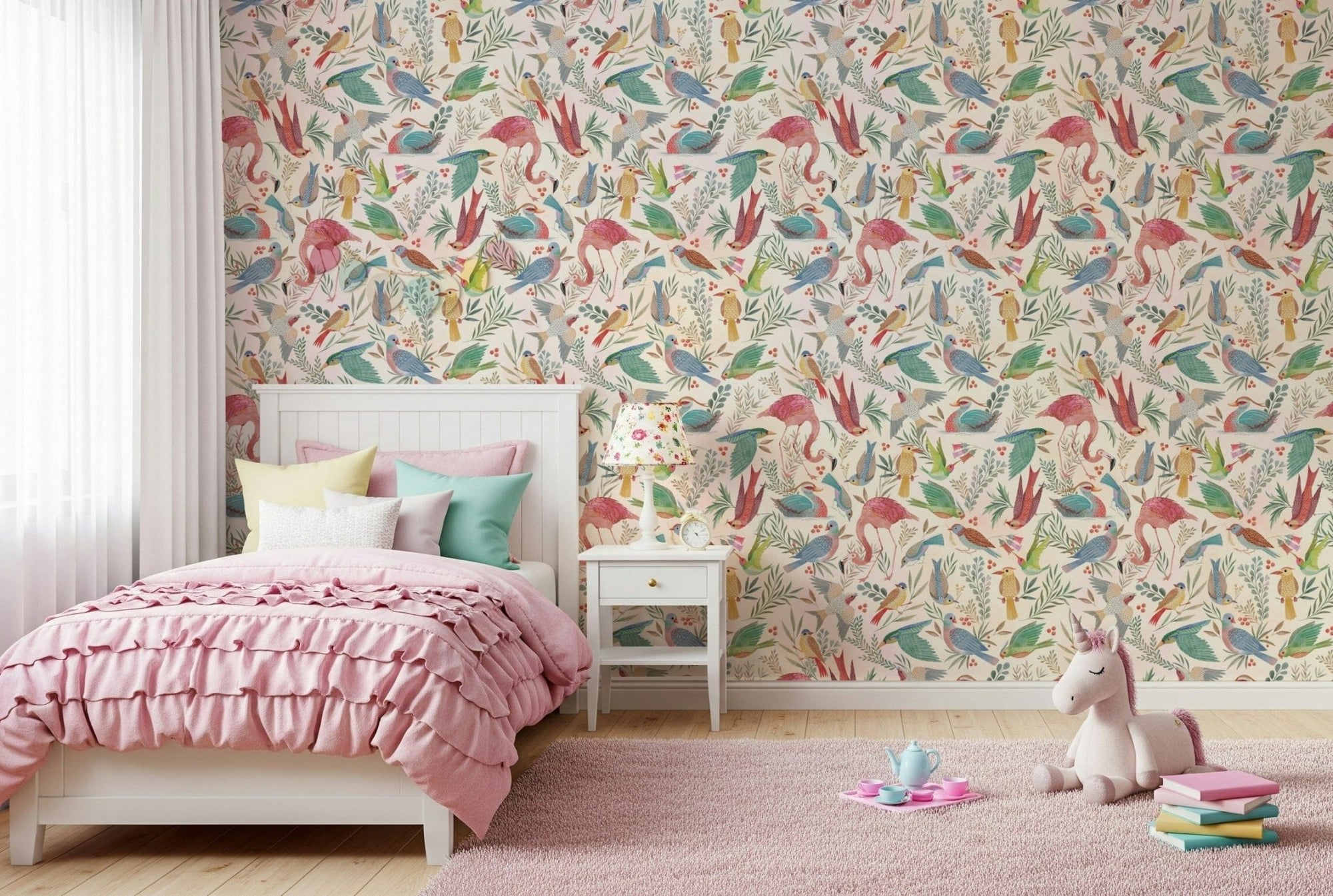 Kids room styled with Light Birdwatcher's wallpaper in colorful bird patterns, GD458