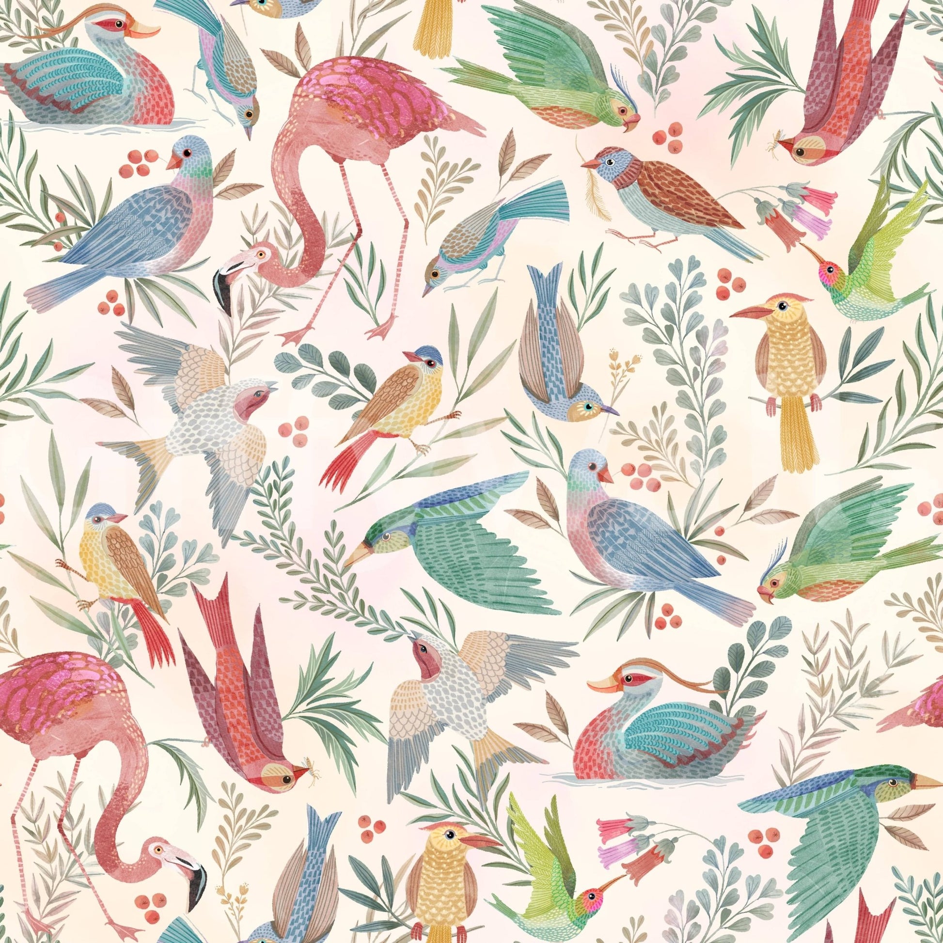 Light Birdwatcher's wallpaper with colorful birds and soft leafy branches pattern