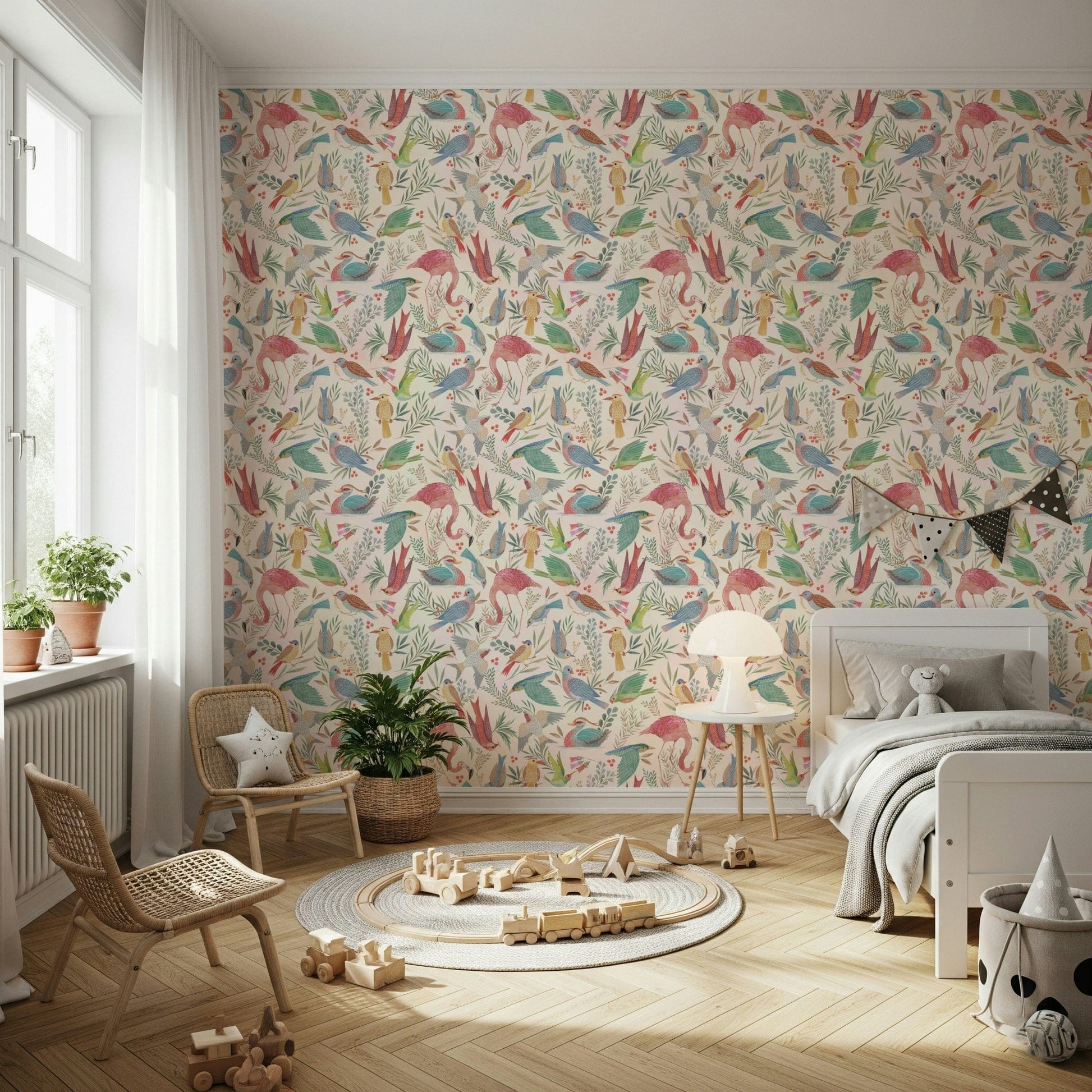 Kids room styled using Light Birdwatcher's wallpaper with gentle nature tones