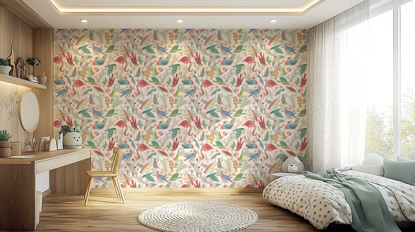 Bedroom feels fun with Light Birdwatcher's wallpaper in colorful bird layout
