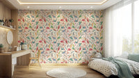 Bedroom feels fun with Light Birdwatcher's wallpaper in colorful bird layout