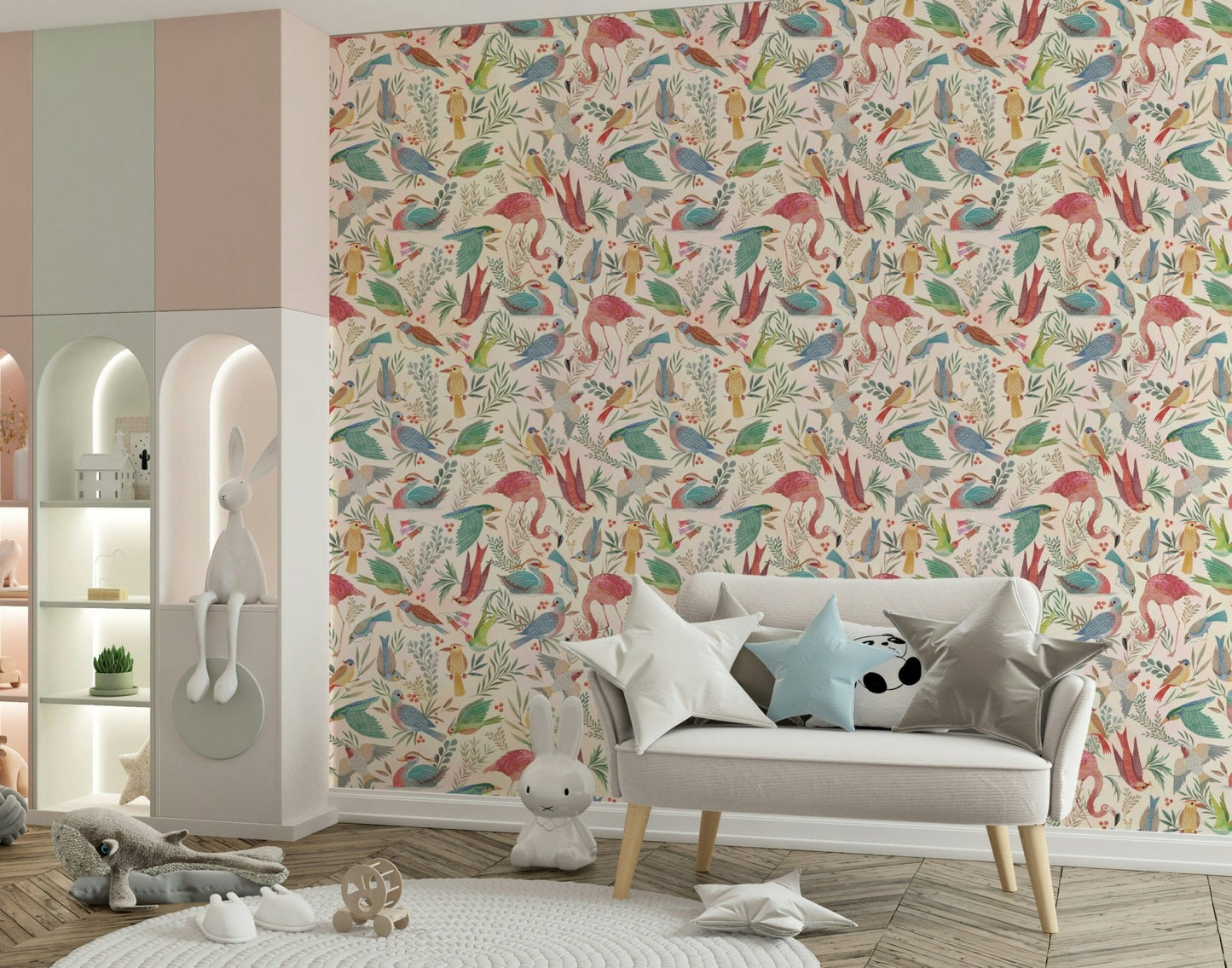 Nursery space suits Light Birdwatcher's wallpaper with playful bird elements