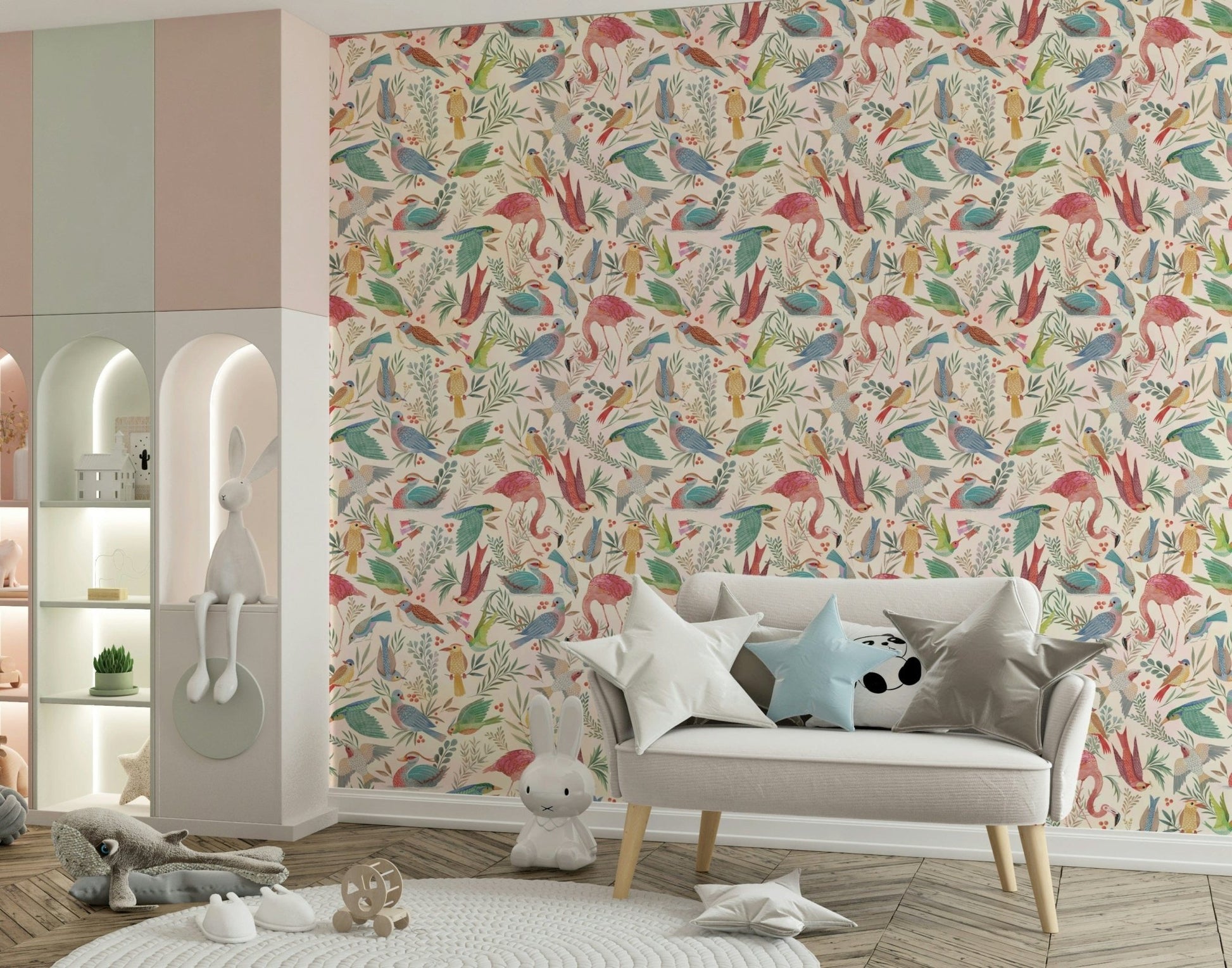 Nursery space suits Light Birdwatcher's wallpaper with playful bird elements