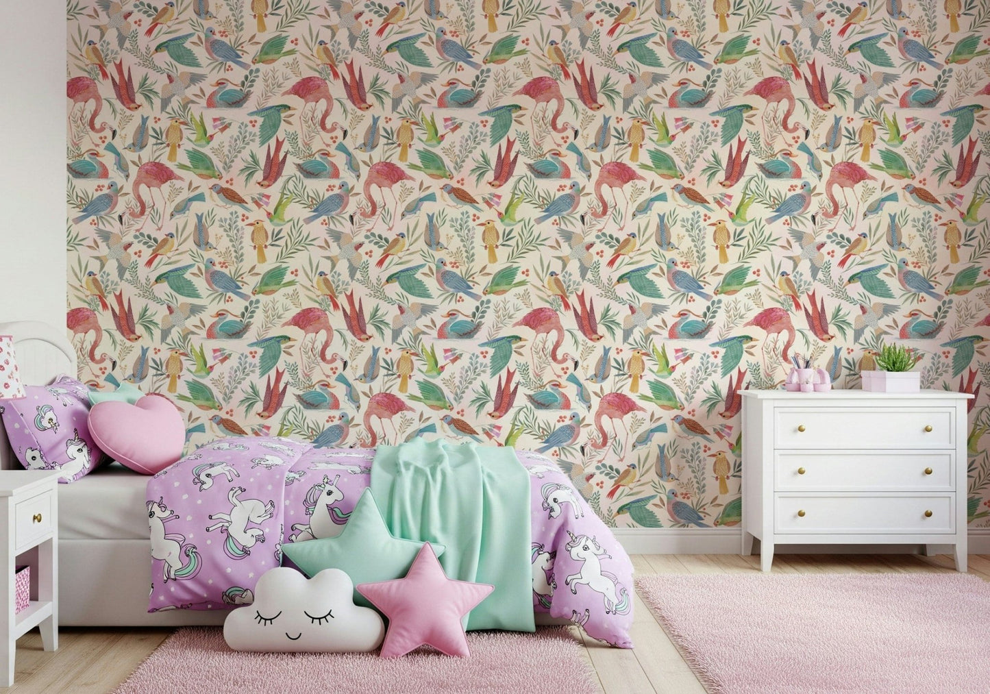 Girls room gets a soft look from Light Birdwatcher's wallpaper bird design