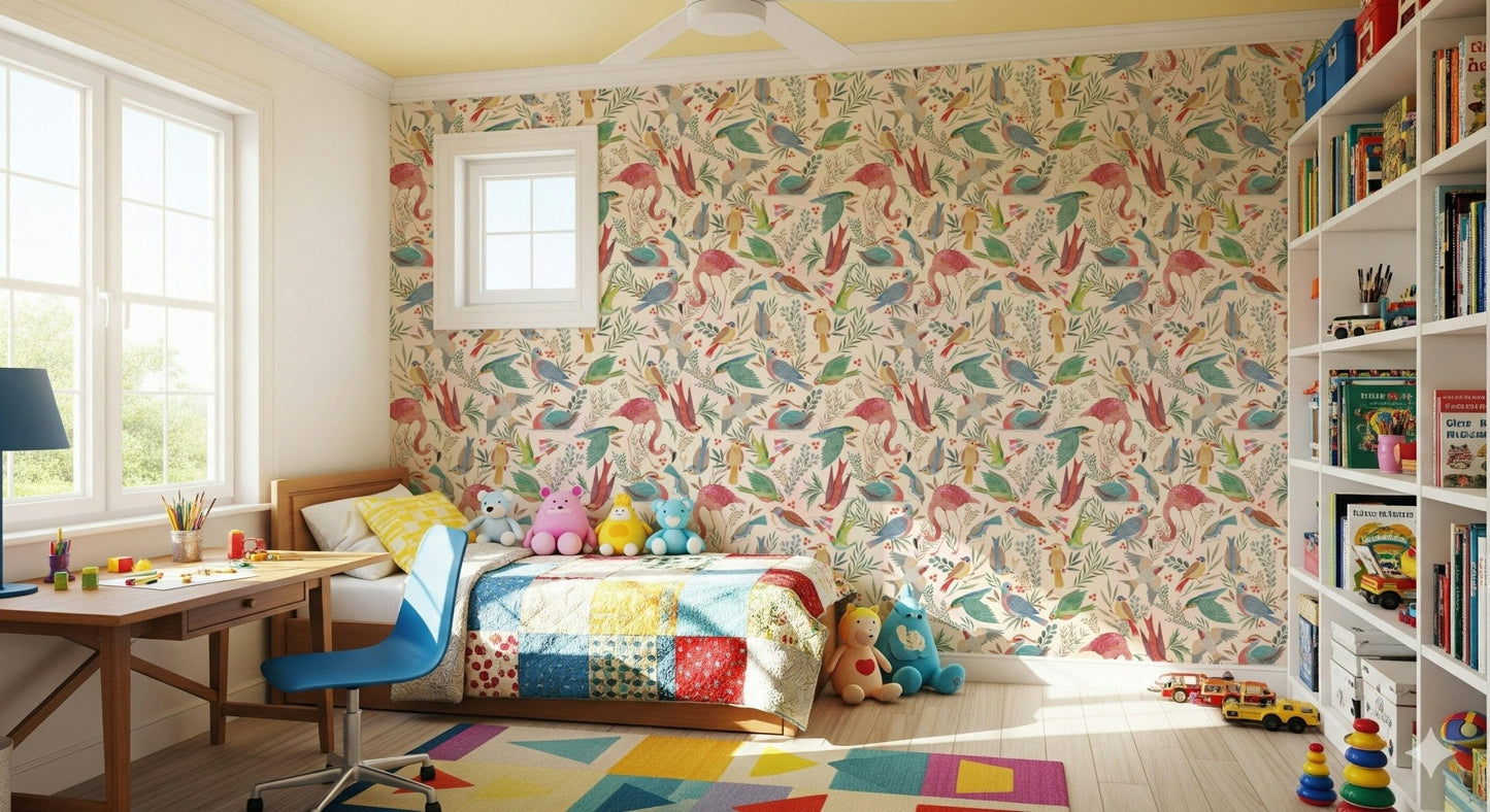 Kids Bedroom setting brightened by Light Birdwatcher's wallpaper with soft avian forms