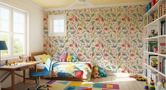 Kids Bedroom setting brightened by Light Birdwatcher's wallpaper with soft avian forms