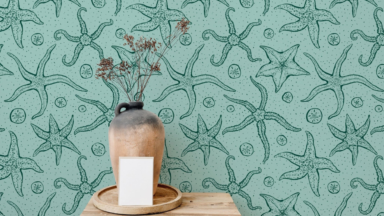 Stylish echinoderms wallpaper in light blue for modern interiors.
