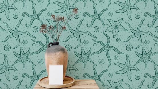Stylish echinoderms wallpaper in light blue for modern interiors. RNM33
