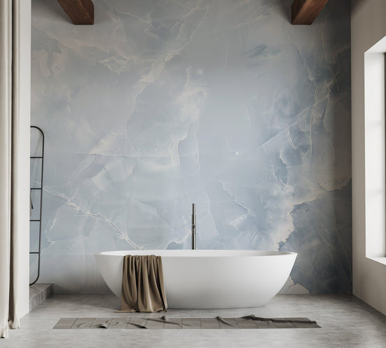 Bathroom gets a cool look with light blue frost wallpaper C447