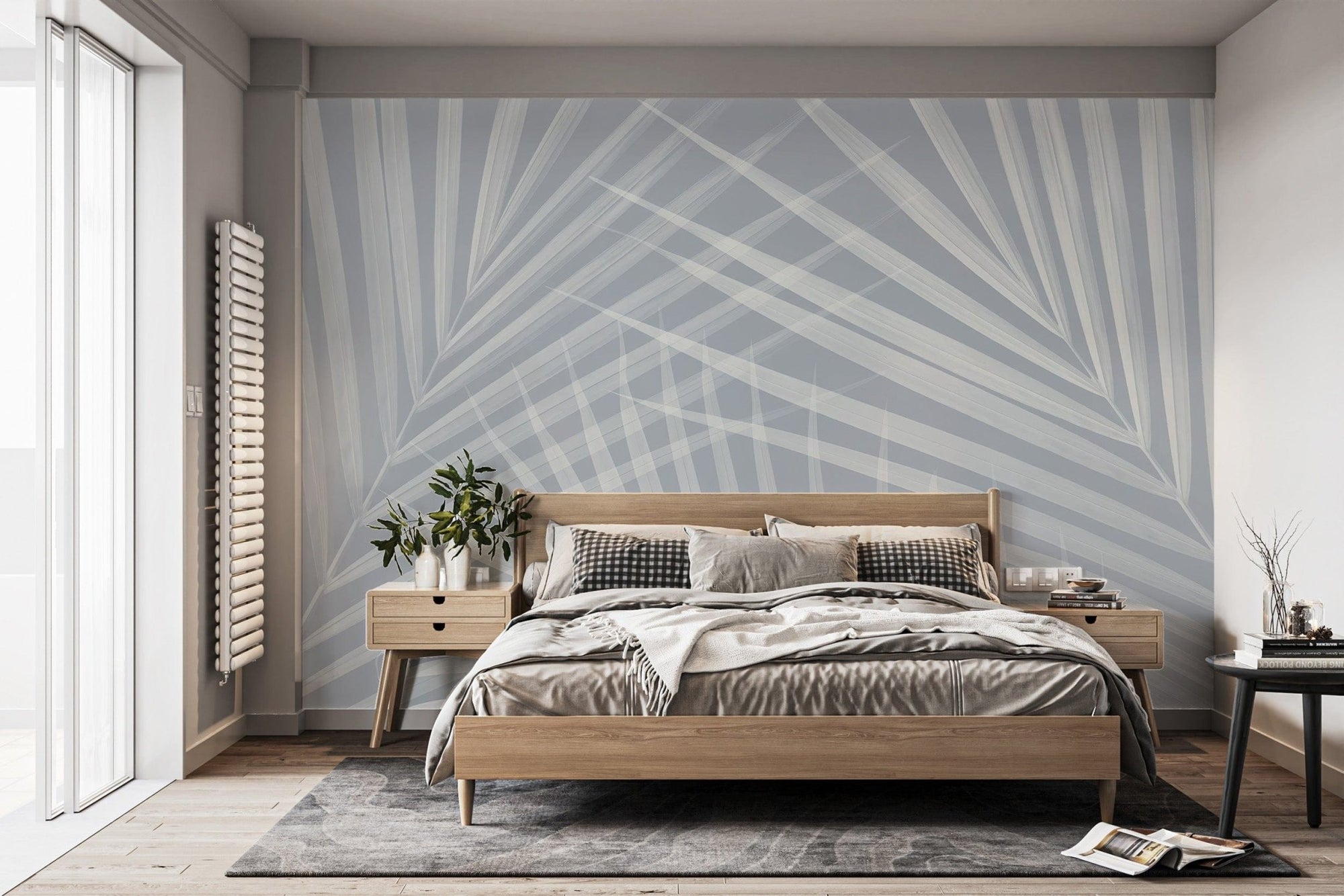 Peaceful light blue palm leaves mural wallpaper for serene bedrooms., C230