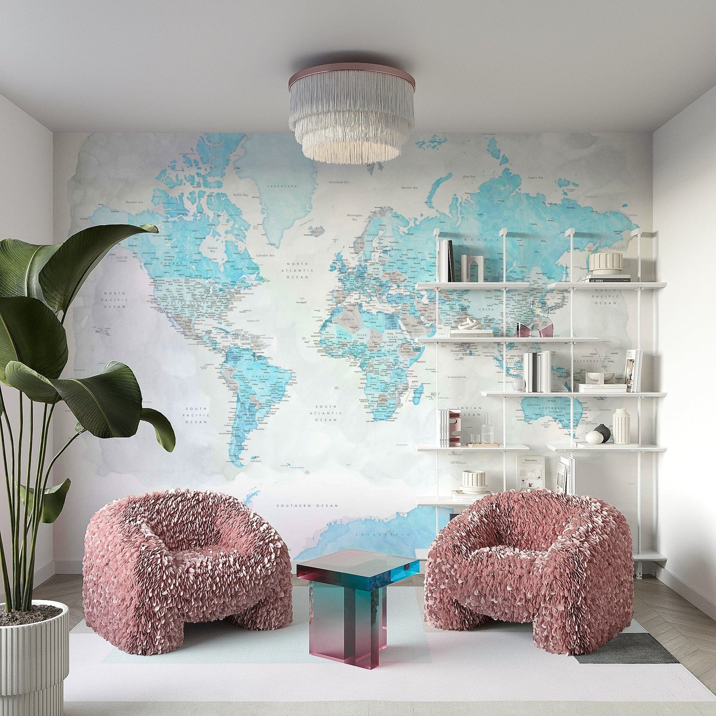 Light blue map wall covering


