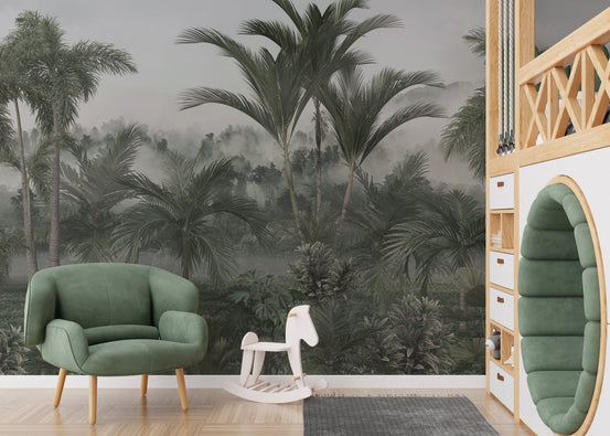 Light and dark green forest landscape wallpaper mural A355