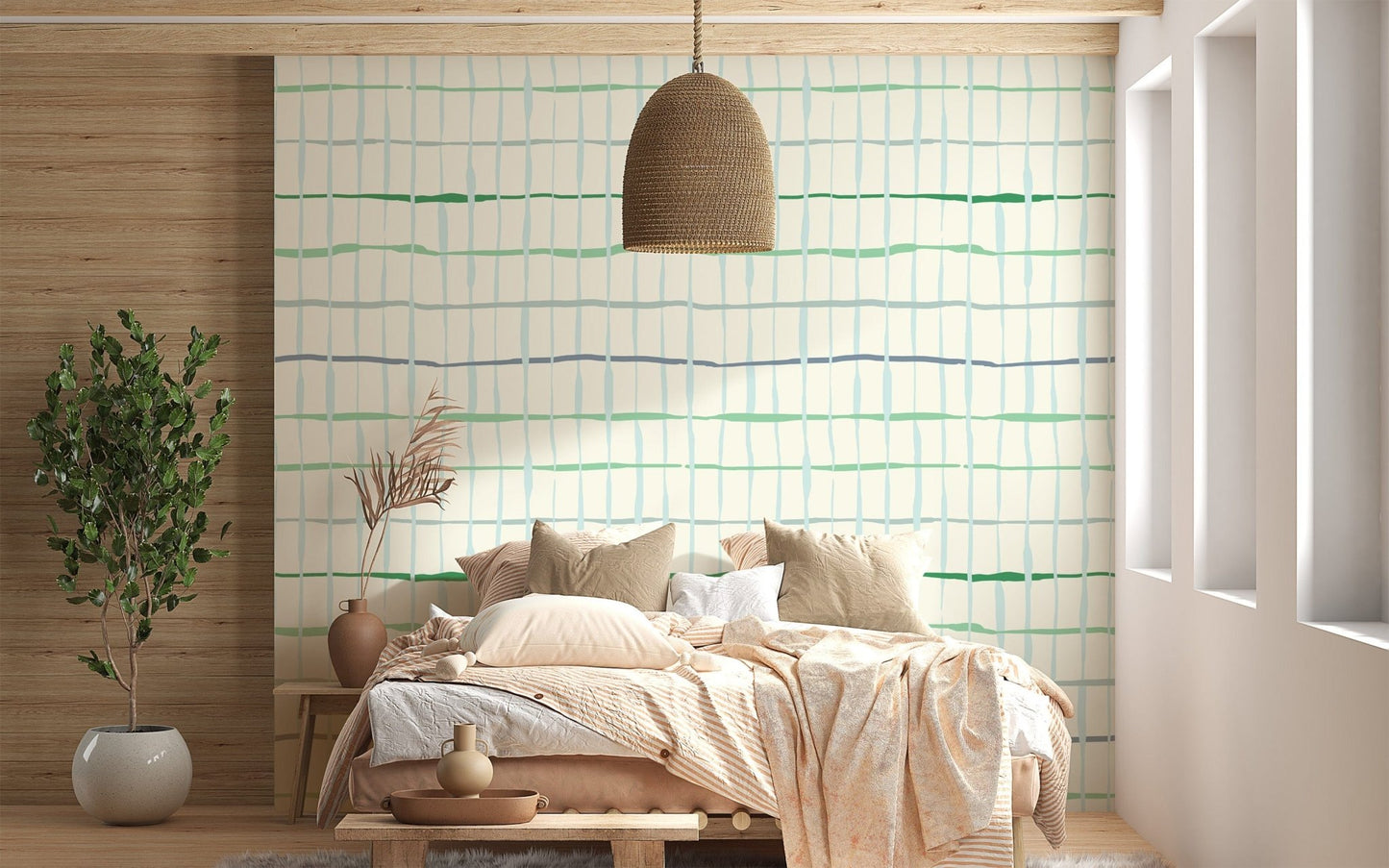 Stylish handdrawn lines wallpaper for green interiors
