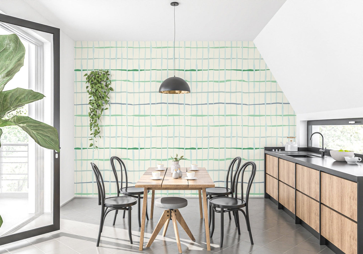 Unique handdrawn line pattern wallpaper in light green
