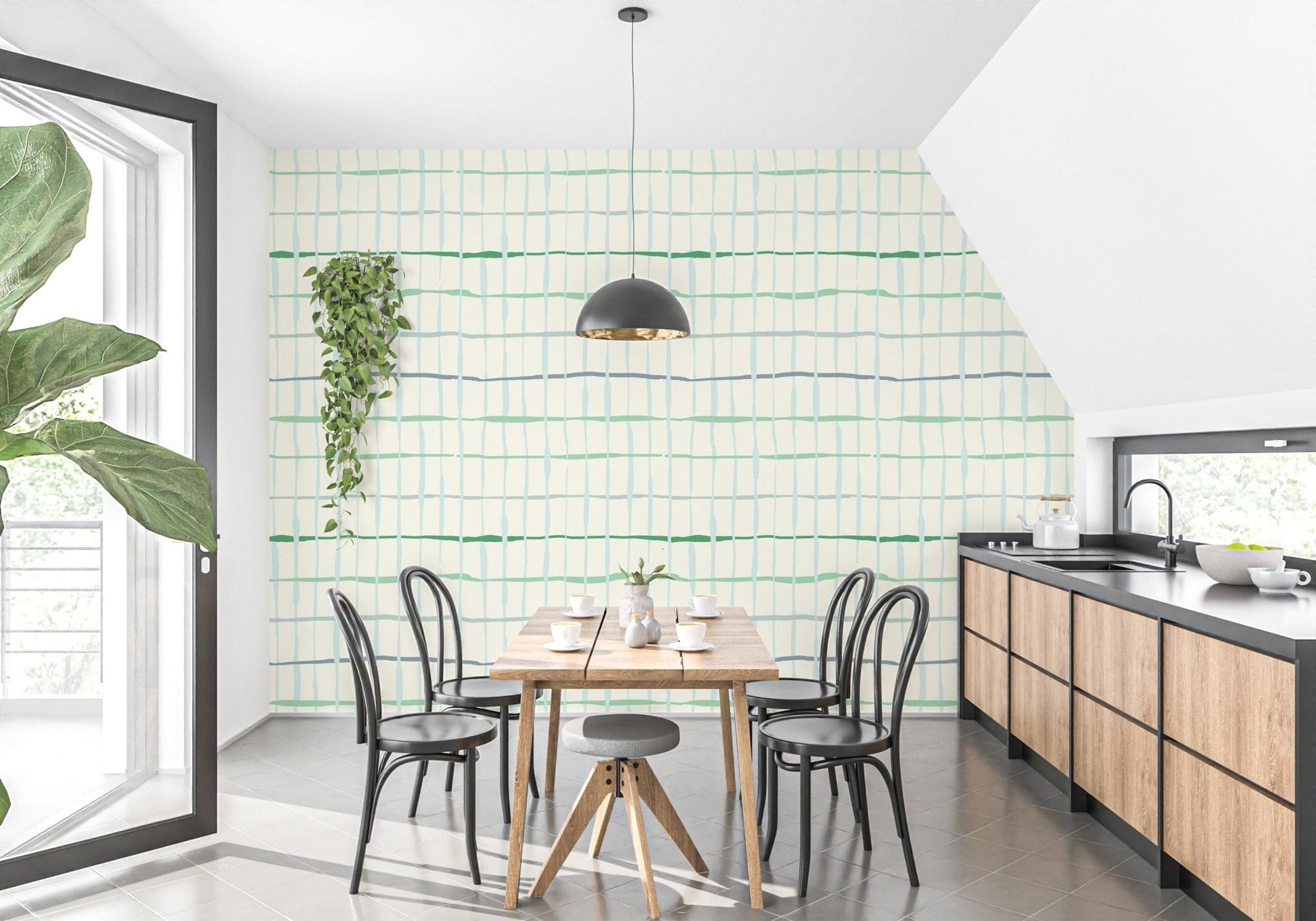 Unique handdrawn line pattern wallpaper in light green
