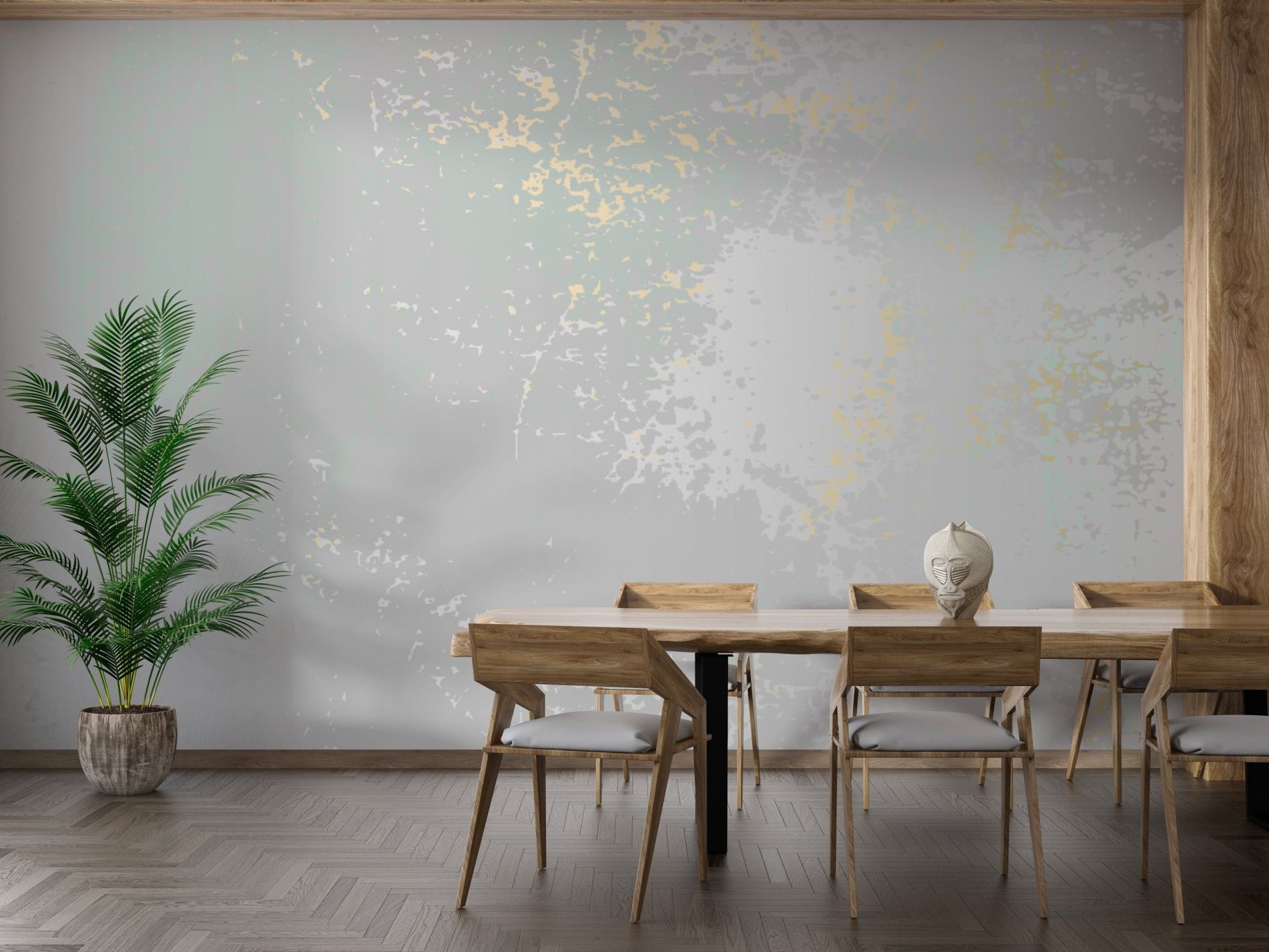Soft pastel gray wallpaper featuring subtle gold accents. A763