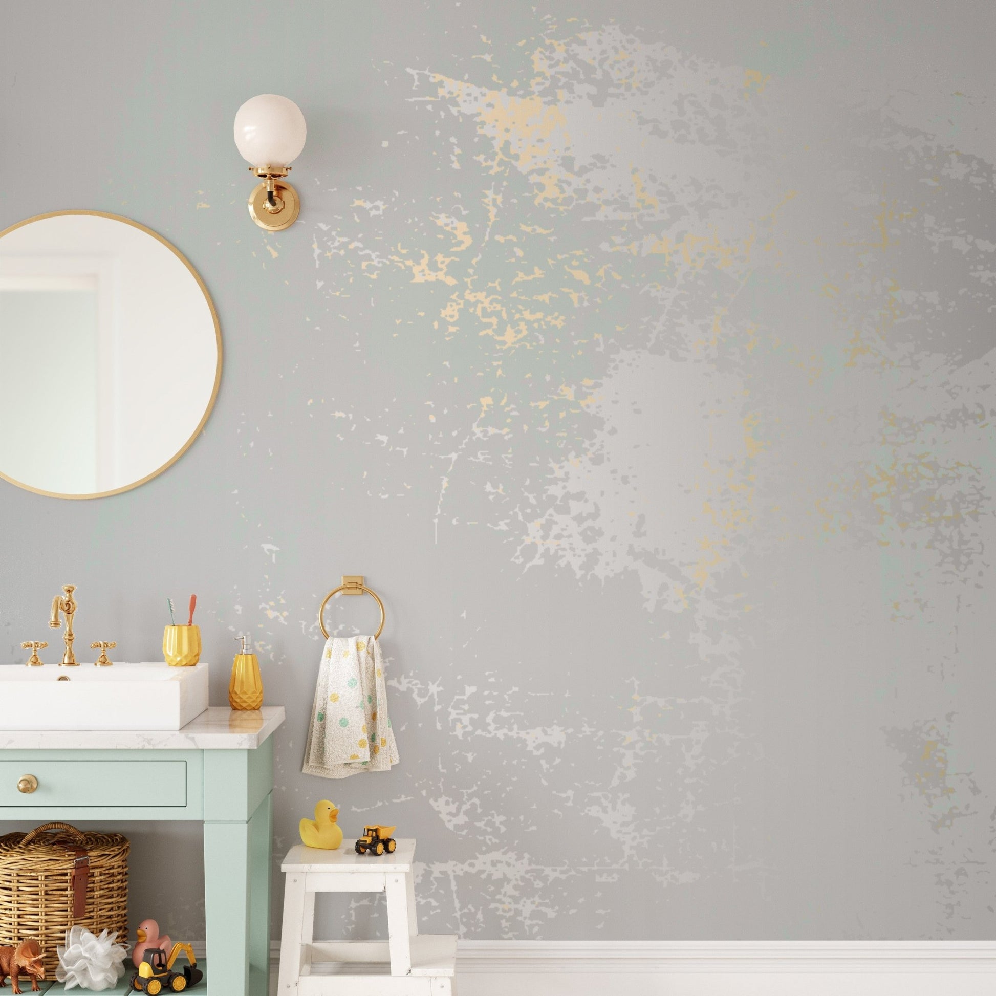 Modern abstract mural in pastel gray and shimmering gold. A763