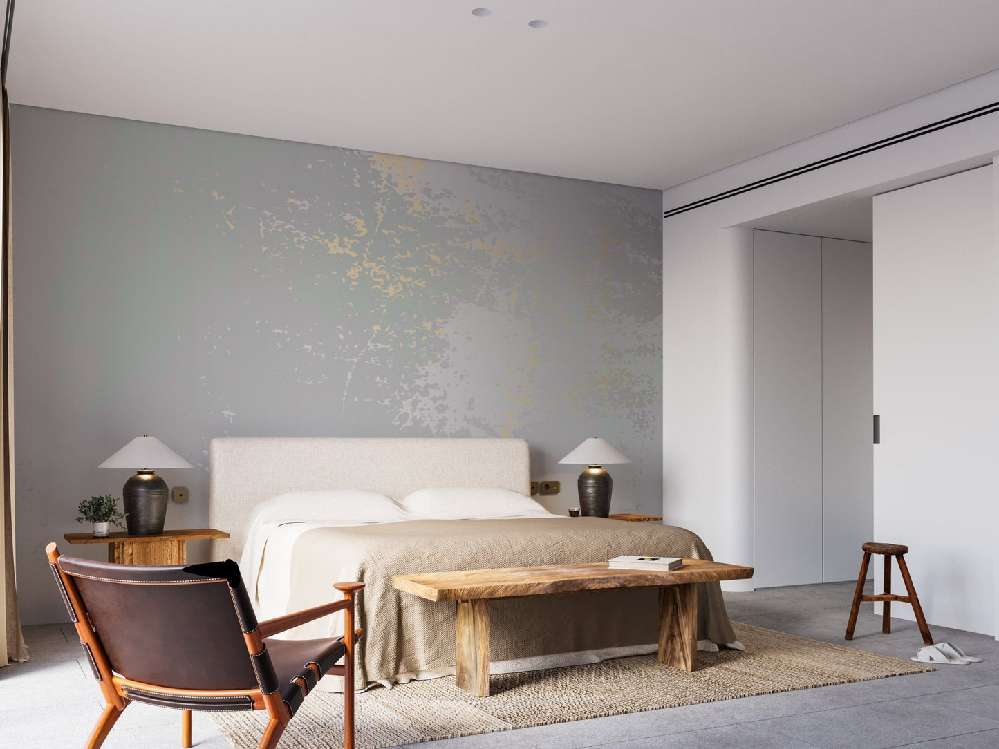 Chic abstract grunge mural in soft gray and gold tones. A763