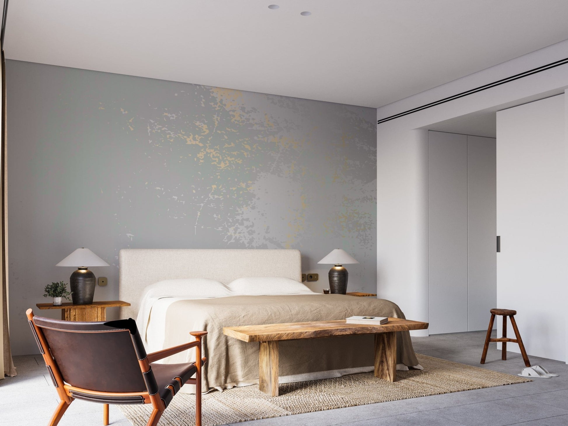 Chic abstract grunge mural in soft gray and gold tones. A763
