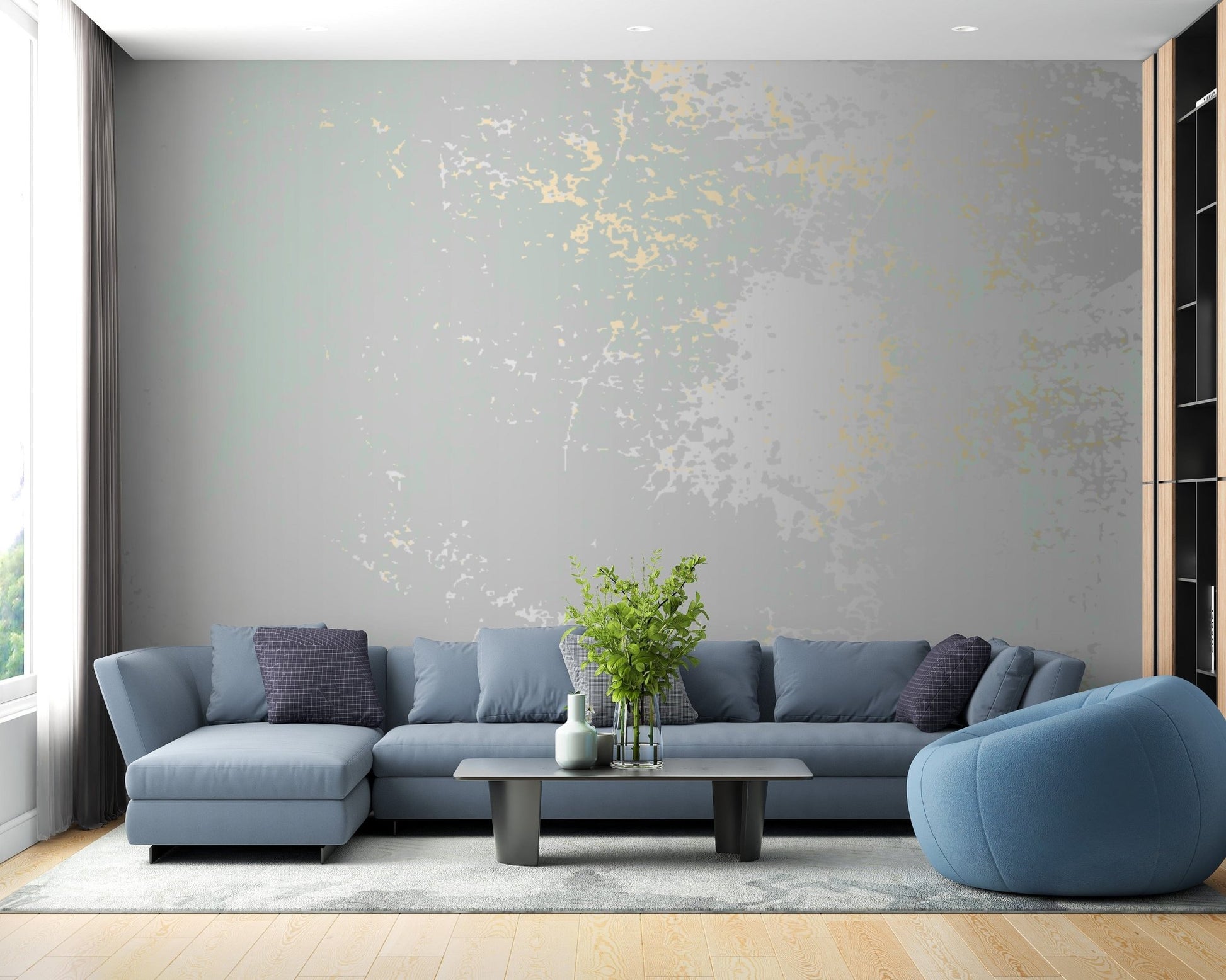 Luxurious abstract mural with pastel gray and gold sheen. A763