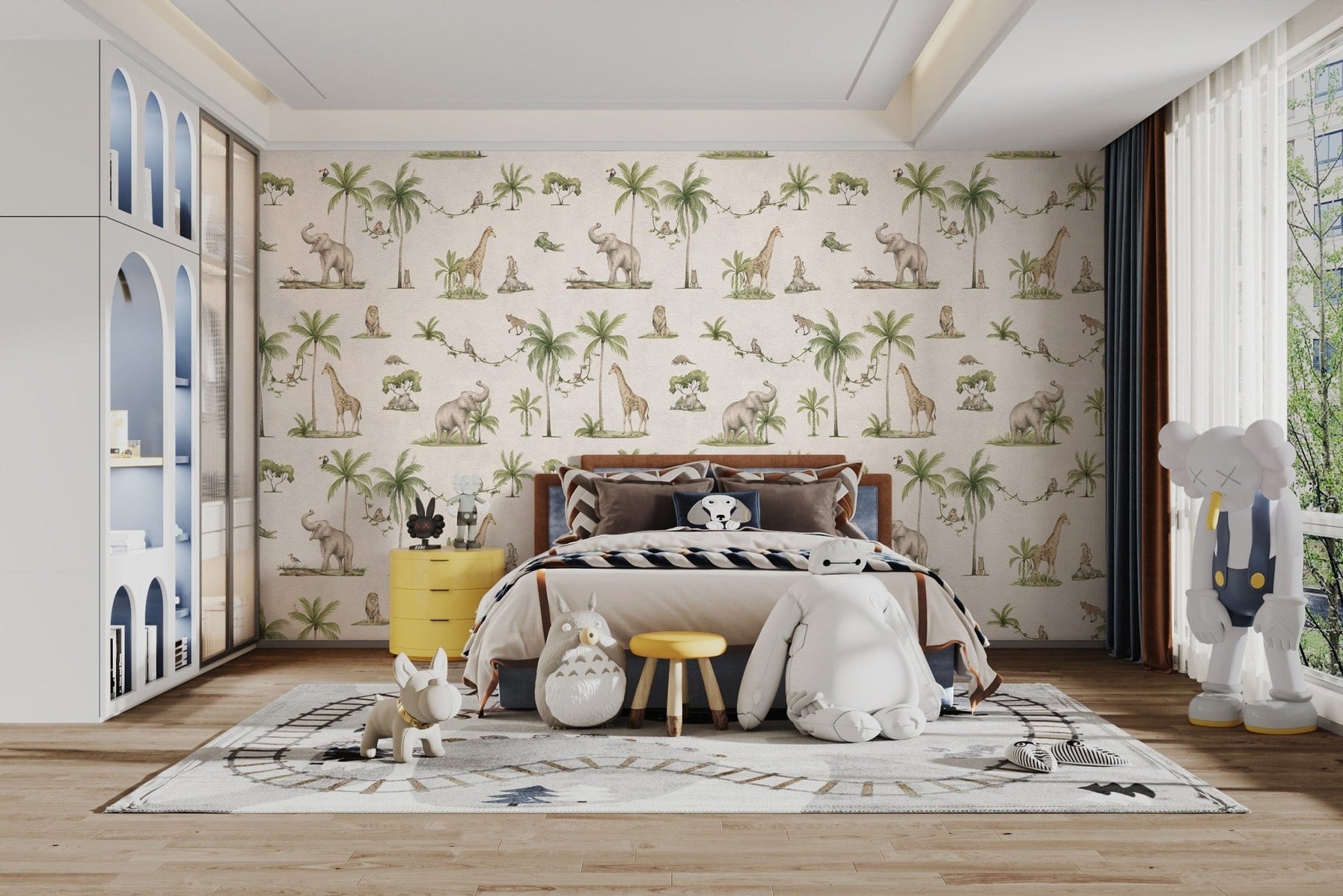 Neutral grey jungle wallpaper design
