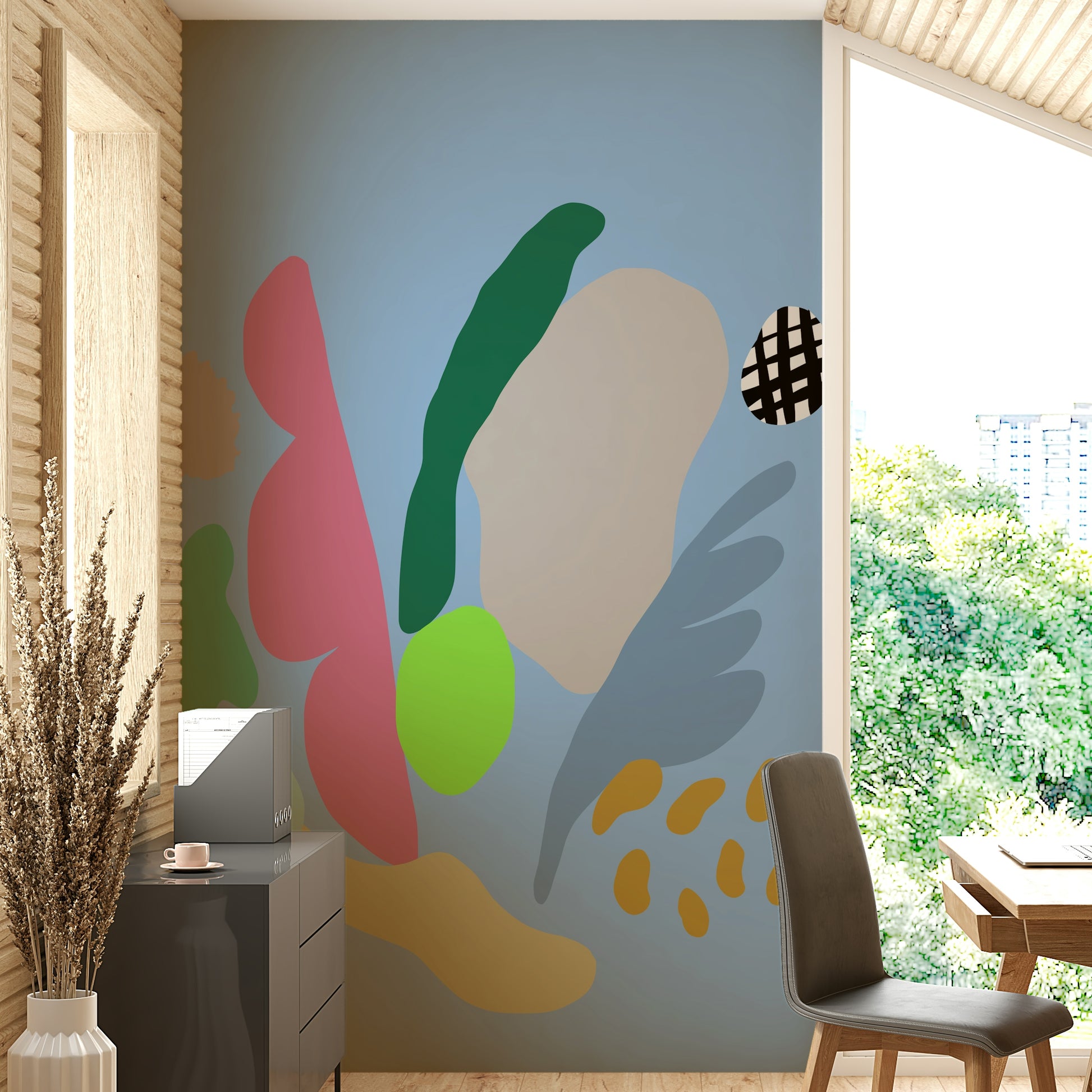 A peaceful sunrise abstract mural on decorative wallpaper.

