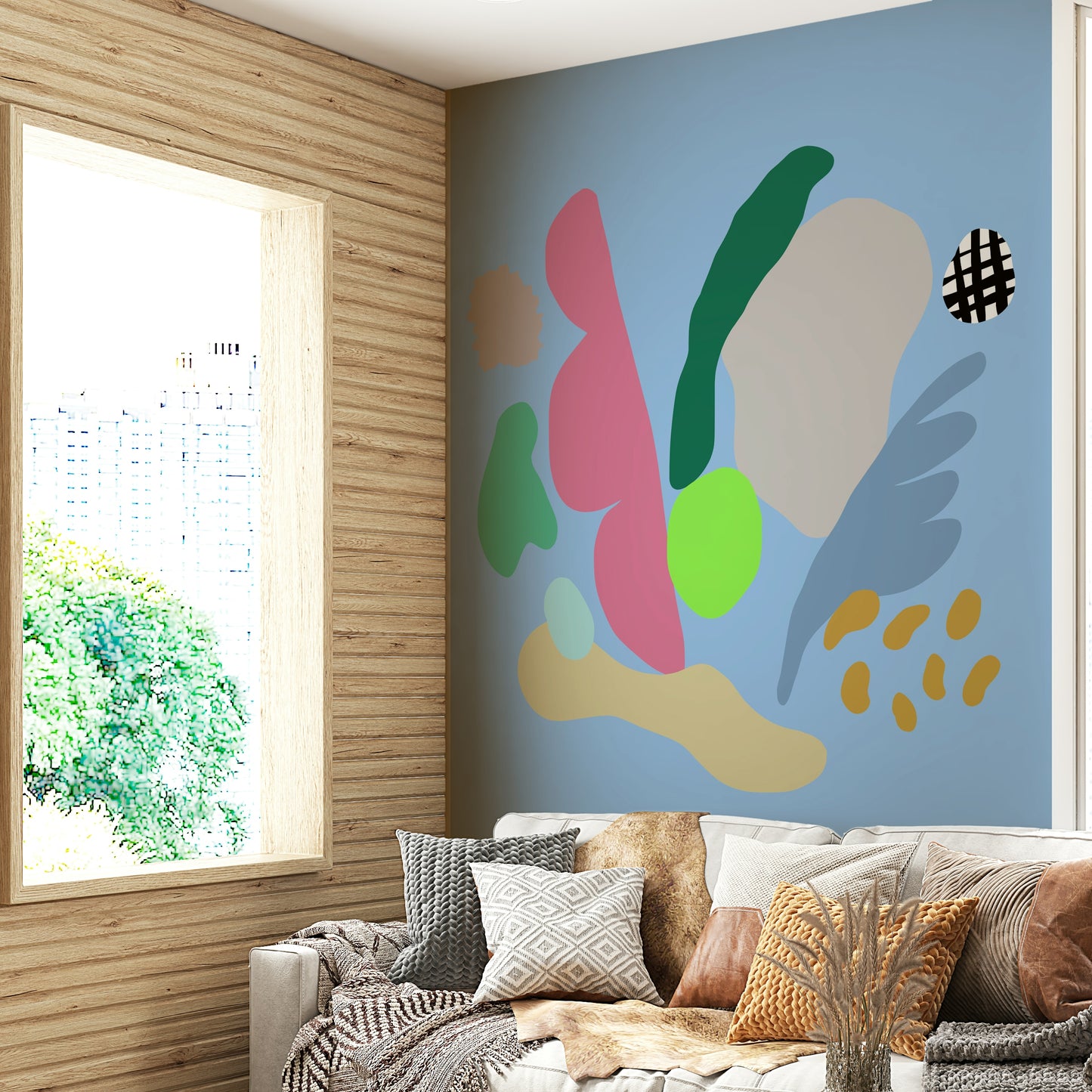 A graceful subtle light wall mural in soft, tranquil tones.

