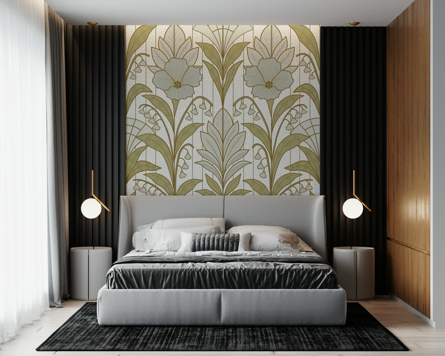 A contemplative floral pattern wallpaper mural for a feature wall.